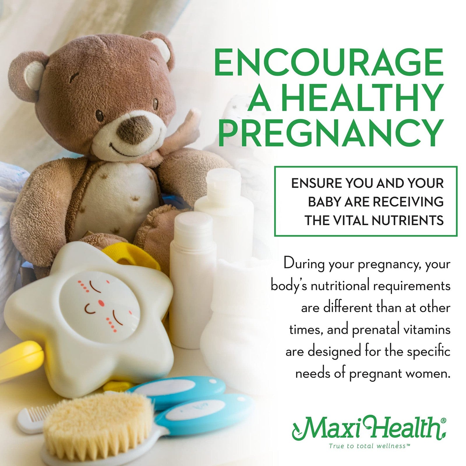Maxi Health prenatal vitamins for women, one daily supplement with iron and folate, in a colorful bottle.