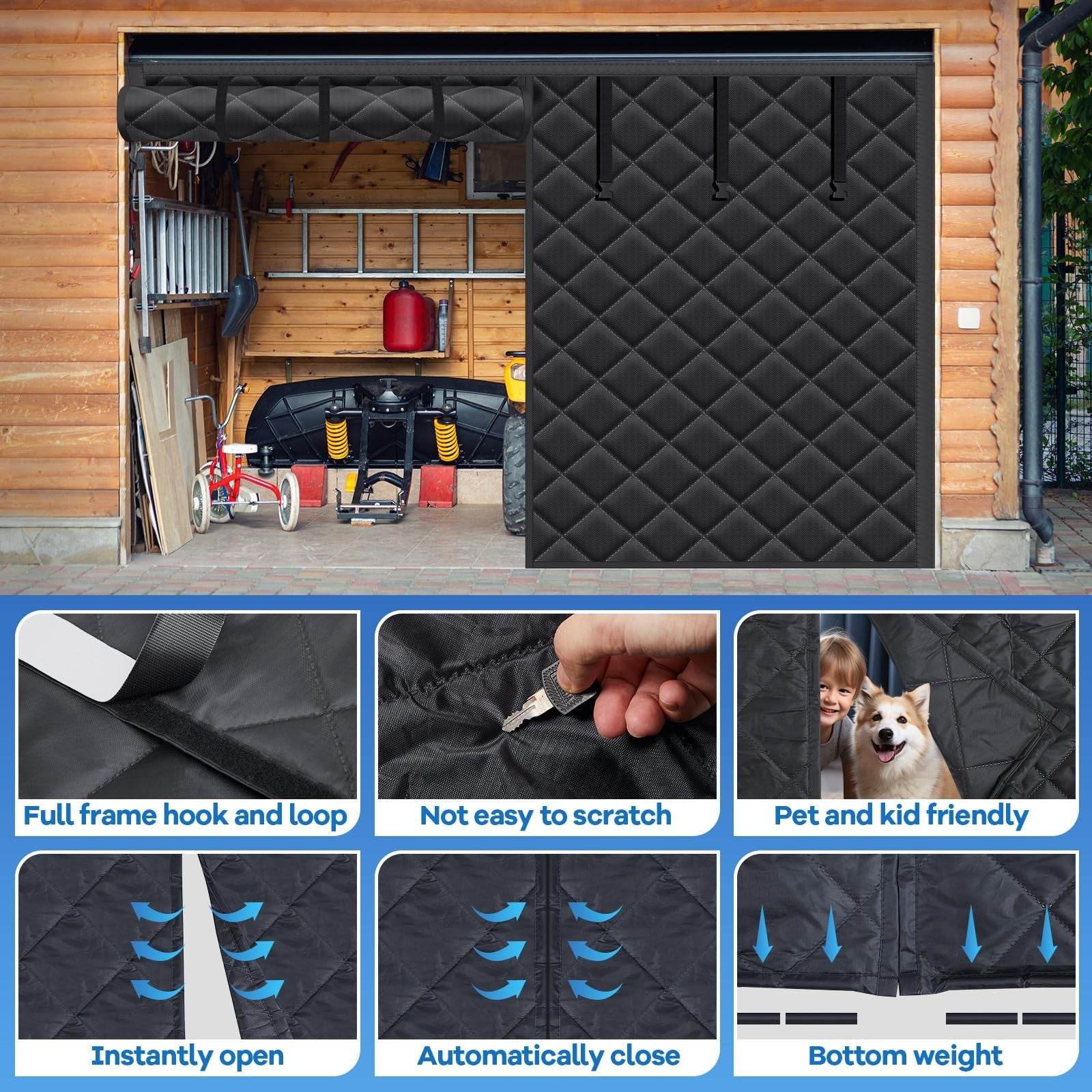 Tingjoo 8x7 ft garage door screen insulation kit with magnetic thermal insulation, showing the screened door and magnetic strips.