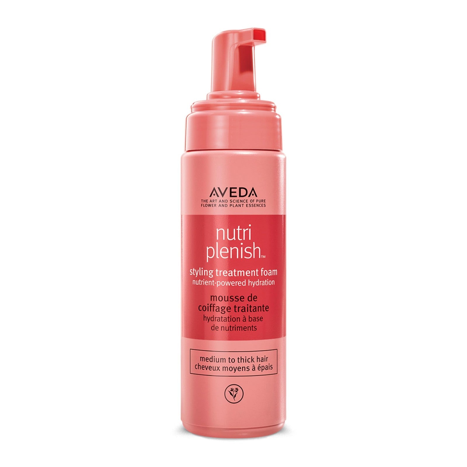 Aveda Nutriplenish Styling Treatment Foam in a pump bottle, soft hold styling foam for medium to thick hair, ready for styling.