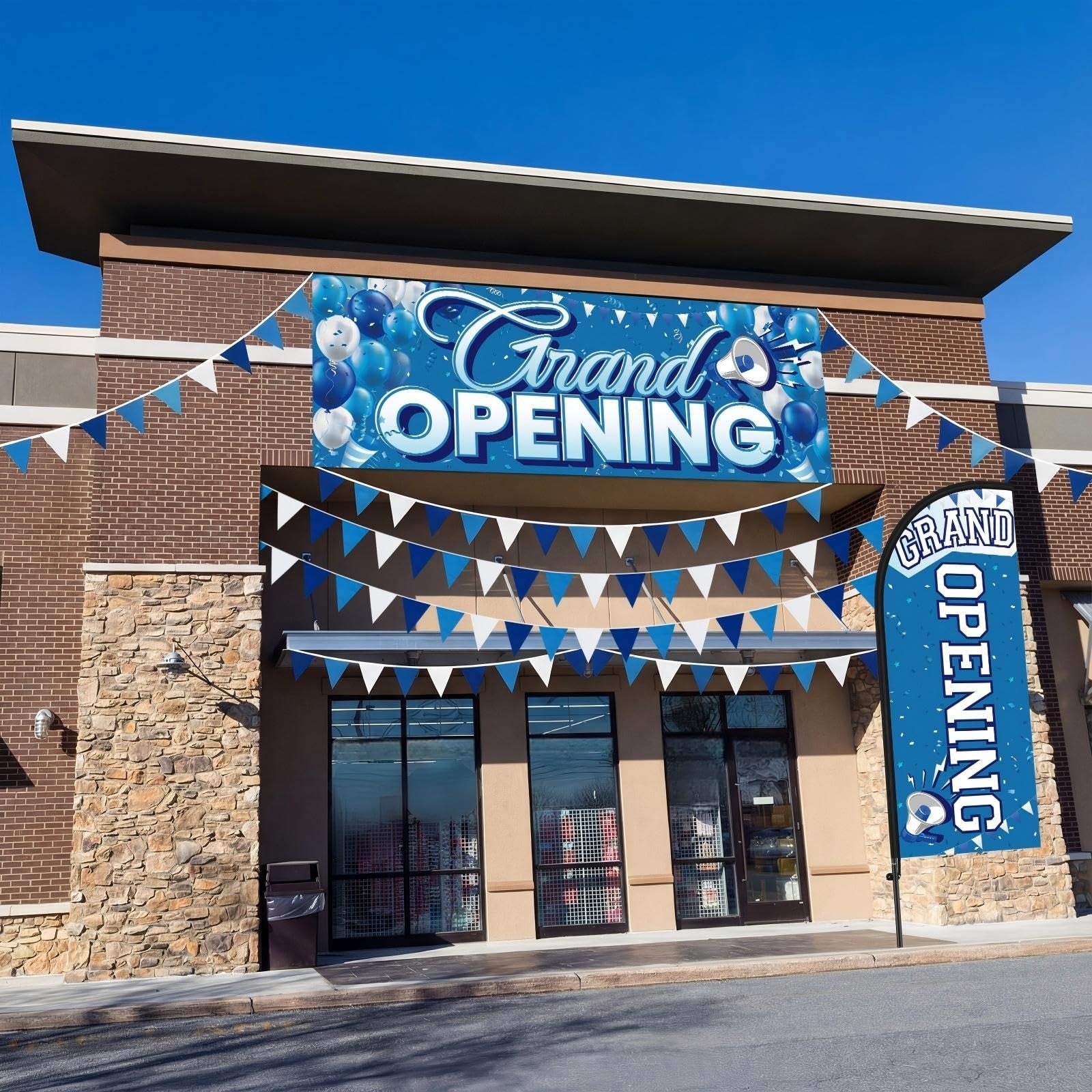 Fanfanwin 7 ft blue-white feather flag for business grand opening, featuring vibrant colors and a tall, eye-catching design.