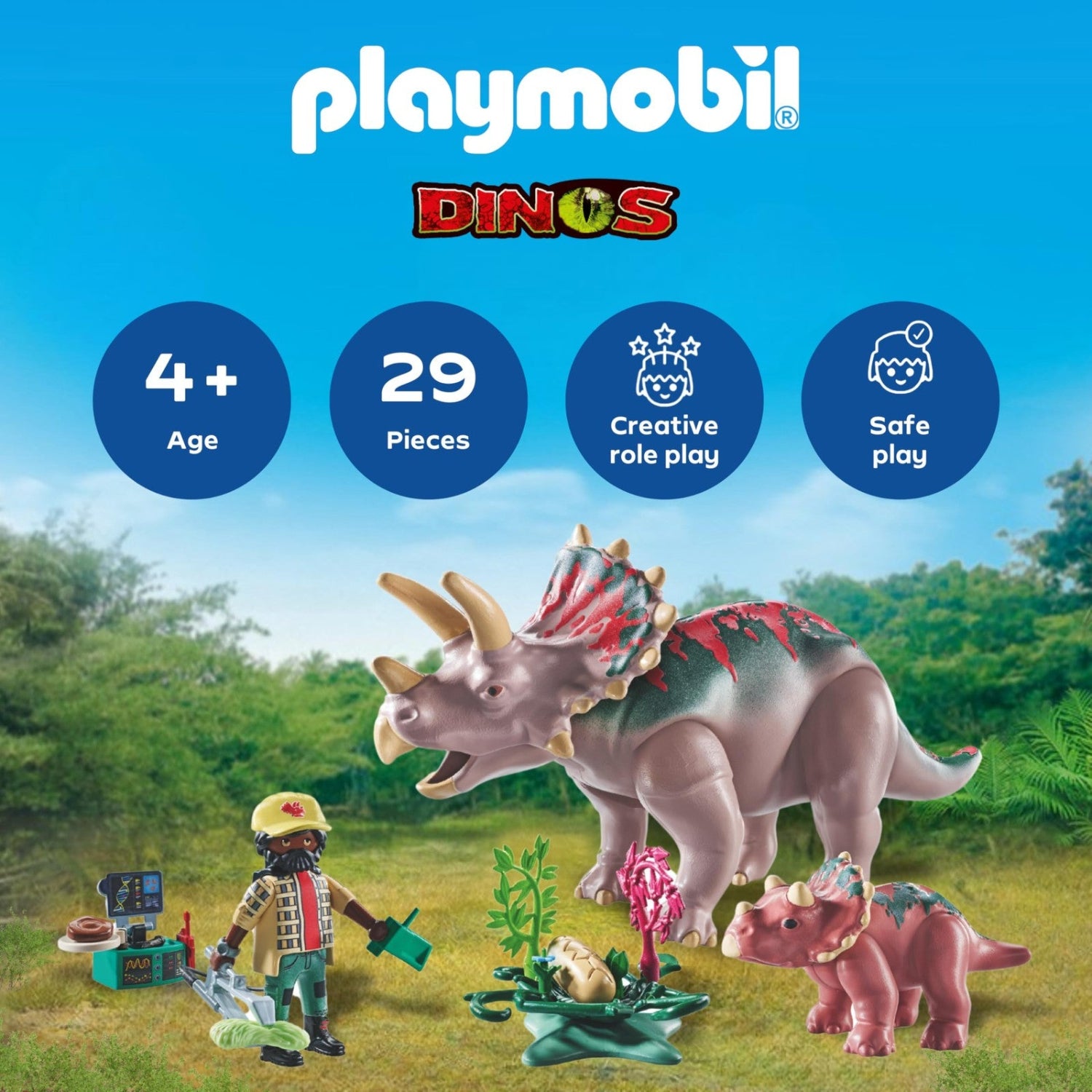 Playmobil Triceratops family set featuring a scientist figure, baby Triceratops, and eggs in a detailed toy scene.