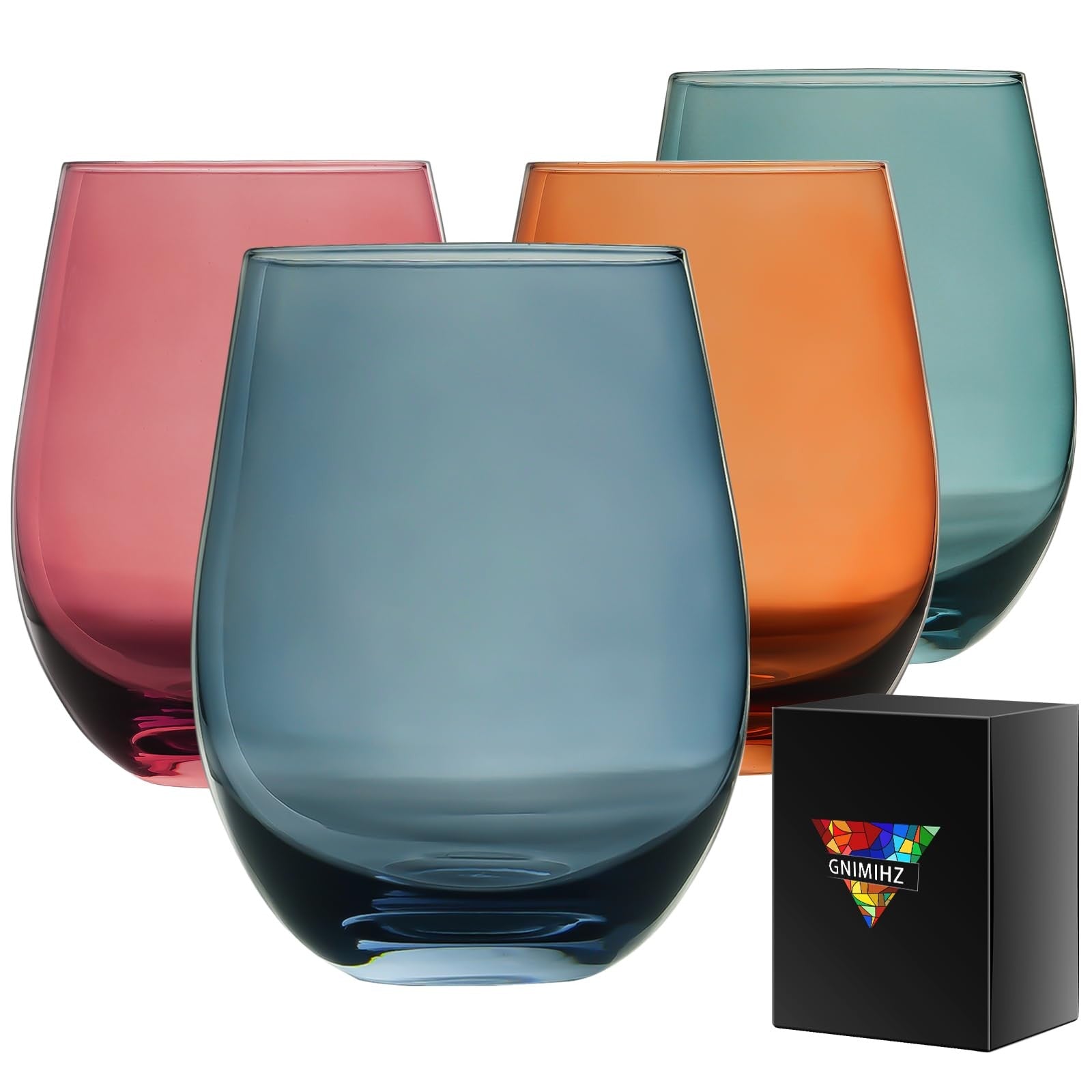 Set of four Gnimihz colored stemless wine glasses, 18-ounce capacity, perfect for red or white wine, with vibrant glass design.