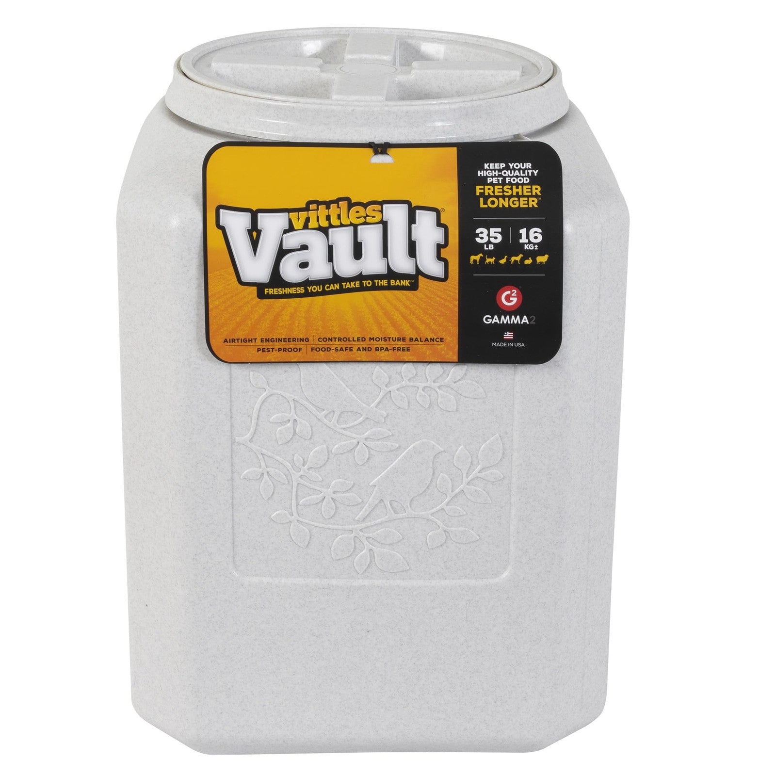 Gamma2 Vittles Vault bird seed storage container holding up to 35 pounds of dry pet food, with a clear lid and secure seal