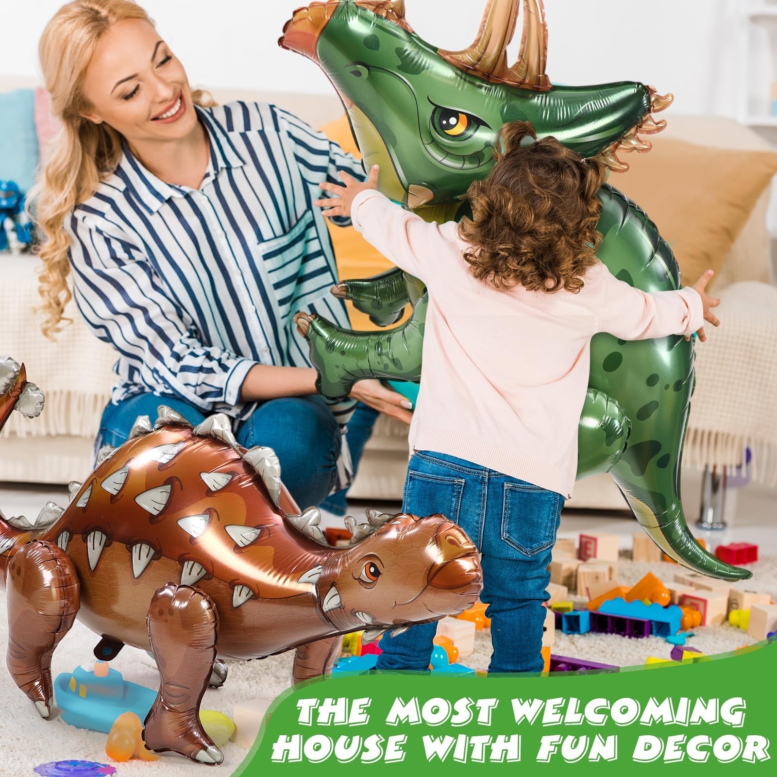 Vinsot 8-pack giant inflatable dinosaur toys for birthday party decorations, featuring colorful 3D dinosaur designs.