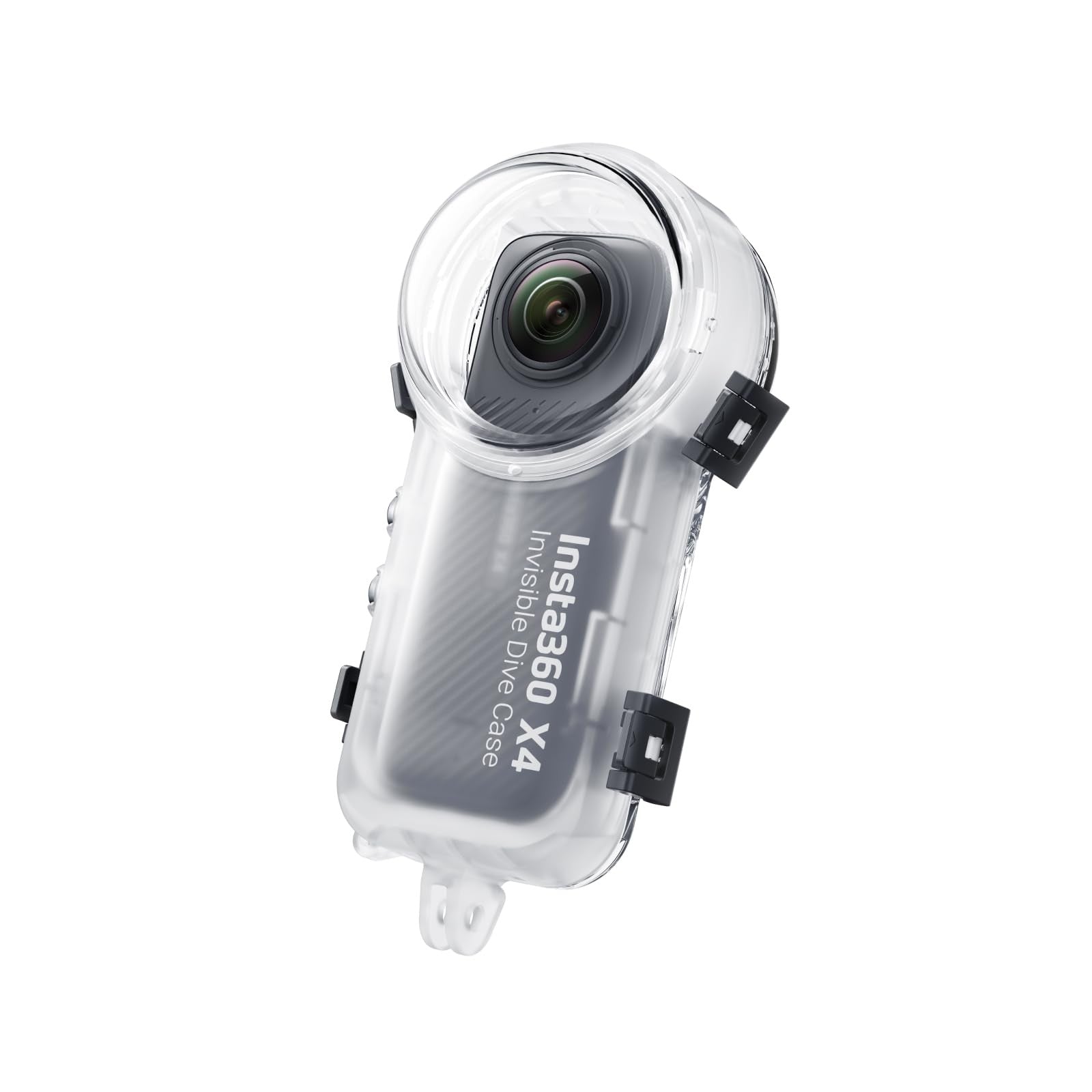 Insta360 X4 invisible dive case submerged in water, showing clear waterproof design for underwater filming with the Insta360 camera.