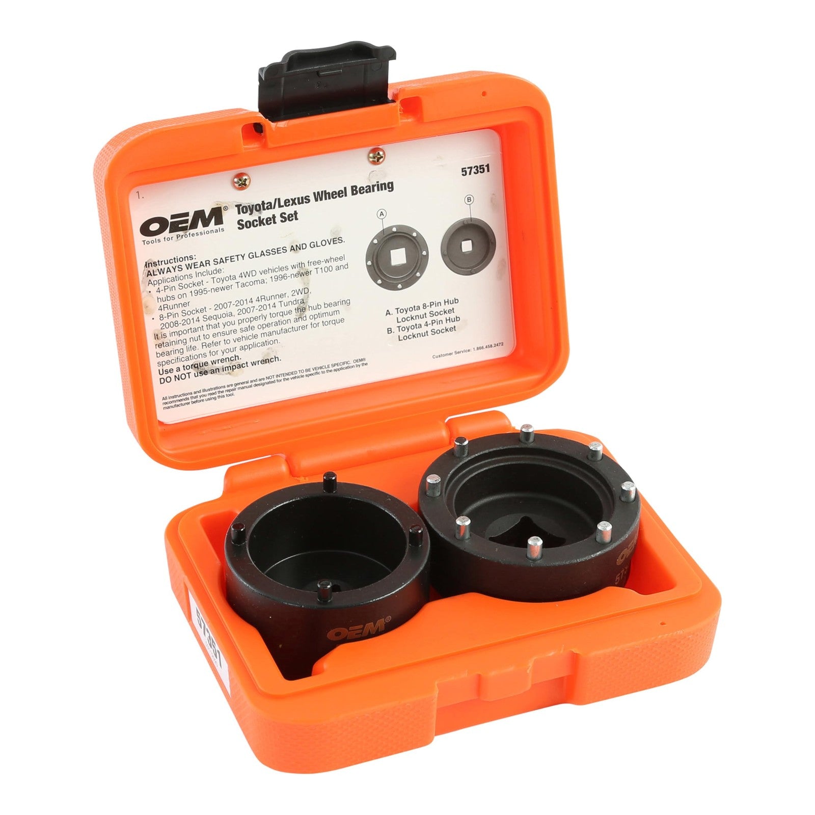 OEMTOOLS 57351 8 and Toyota 4-pin hub locknut socket for removing and installing lock nuts, shown in a workshop setting.