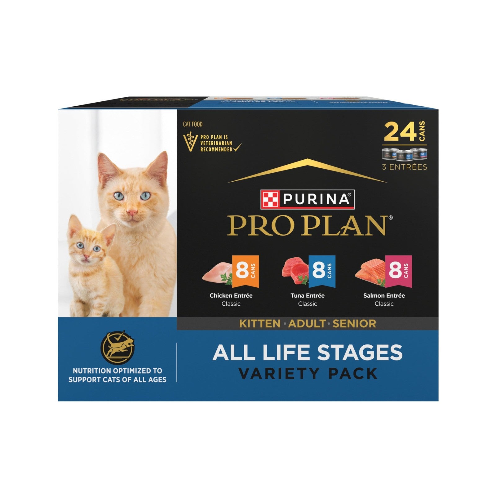 Assorted Purina Pro Plan wet cat food pates in a variety pack for all life stages, featuring high protein formulas.