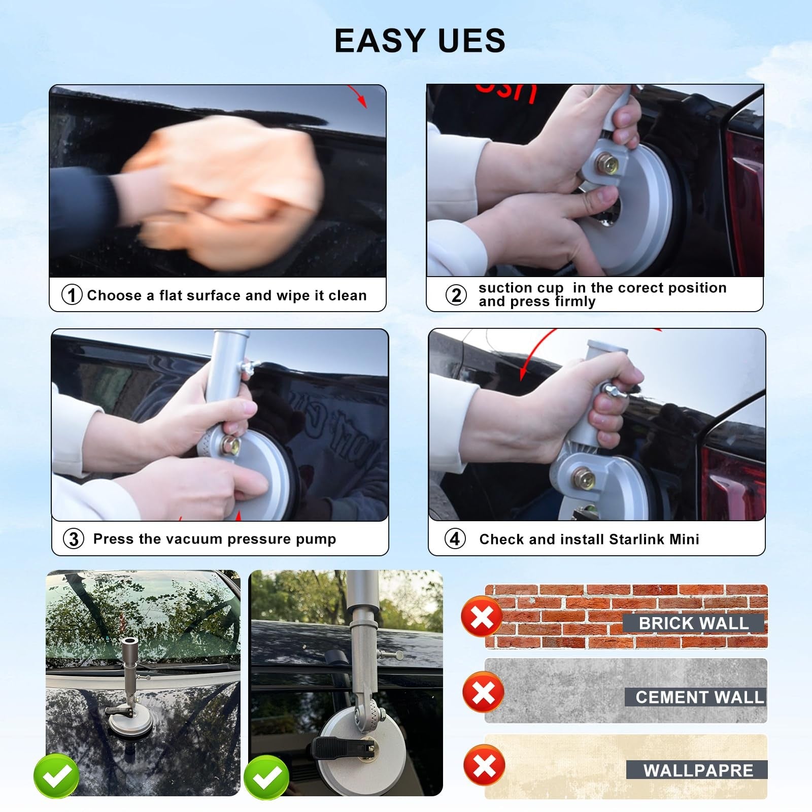 SENIKO Starlink Mini Suction Cup Mount with Connecting Pipe for secure installation of Starlink satellite dish accessories