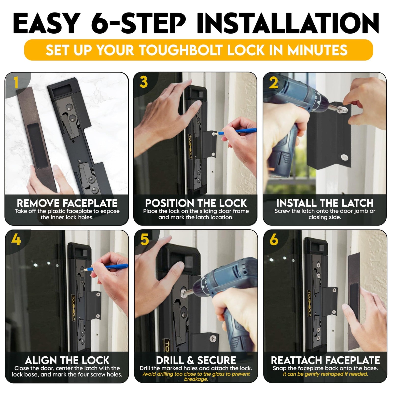 TOUGHBOLT sliding door lock with double deadbolt, child safety feature, and 3-receiver design for enhanced security.