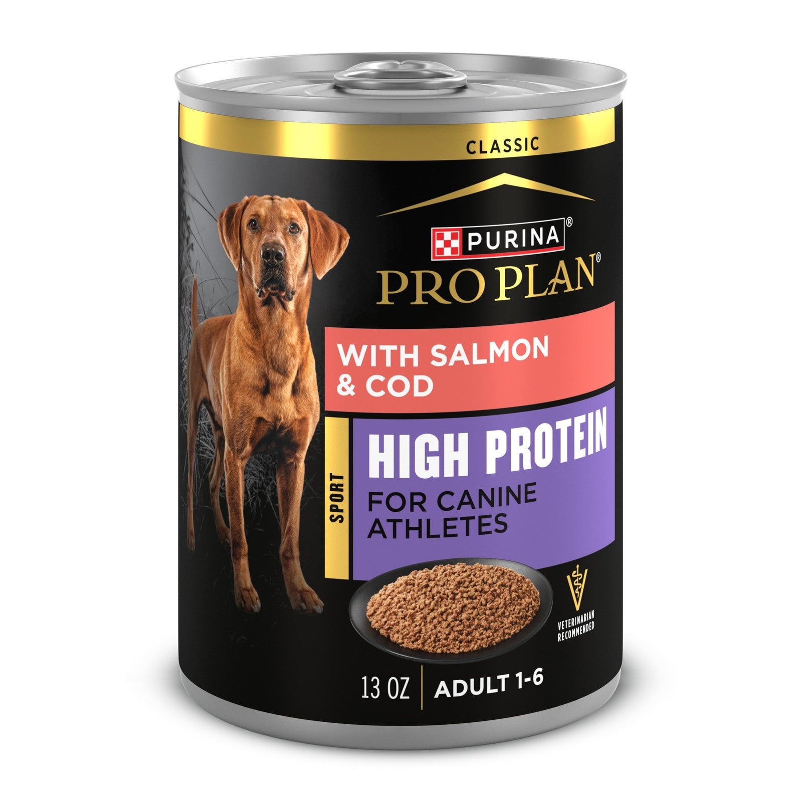 Purina Pro Plan Sport wet dog food cans with salmon and cod, 12-pack, high protein, 13 oz each