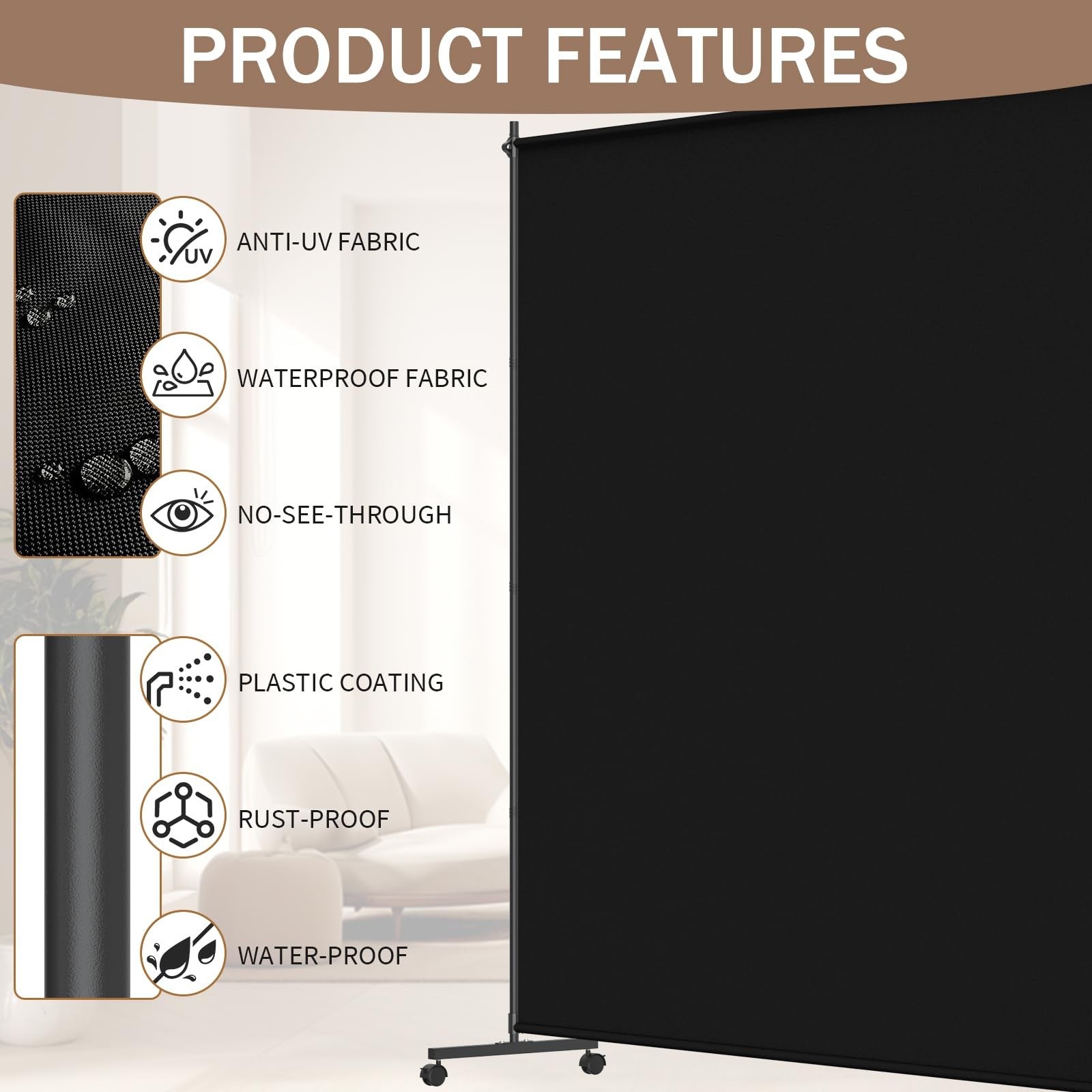 VAMFUTRE black 6.6ft single panel room divider privacy screen with caster wheels, portable and ideal for room separation.