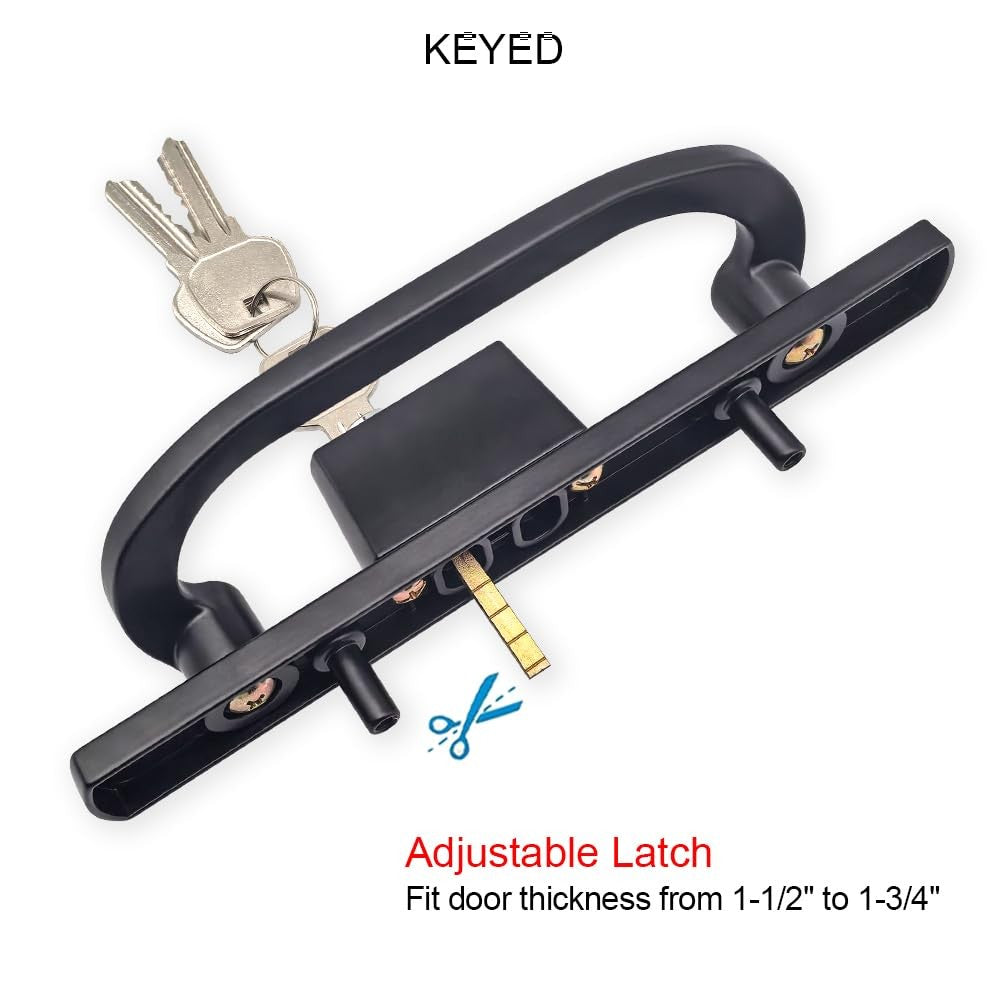 AllYWASAI patio sliding door handle set with mortise lock, key cylinder, and keep, shown installed on a sliding glass door.