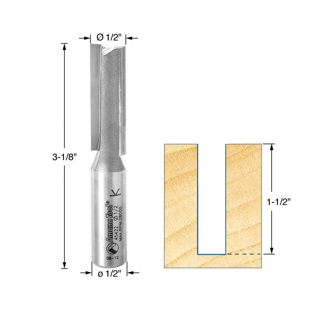 Amana Tool 45422 carbide-tipped straight plunge router bit with 1/2-inch diameter and 1-1/2-inch cutting length, shown in image.