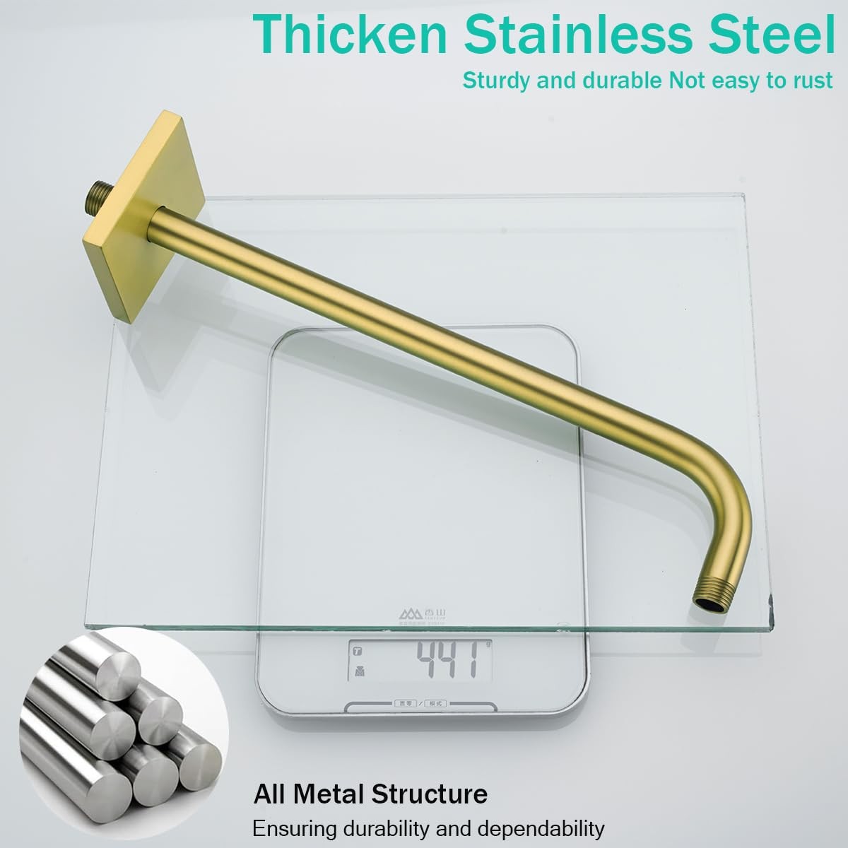 SEABEFORE 16-inch stainless steel wall-mounted shower arm with flange, extending from the wall for a modern shower setup.