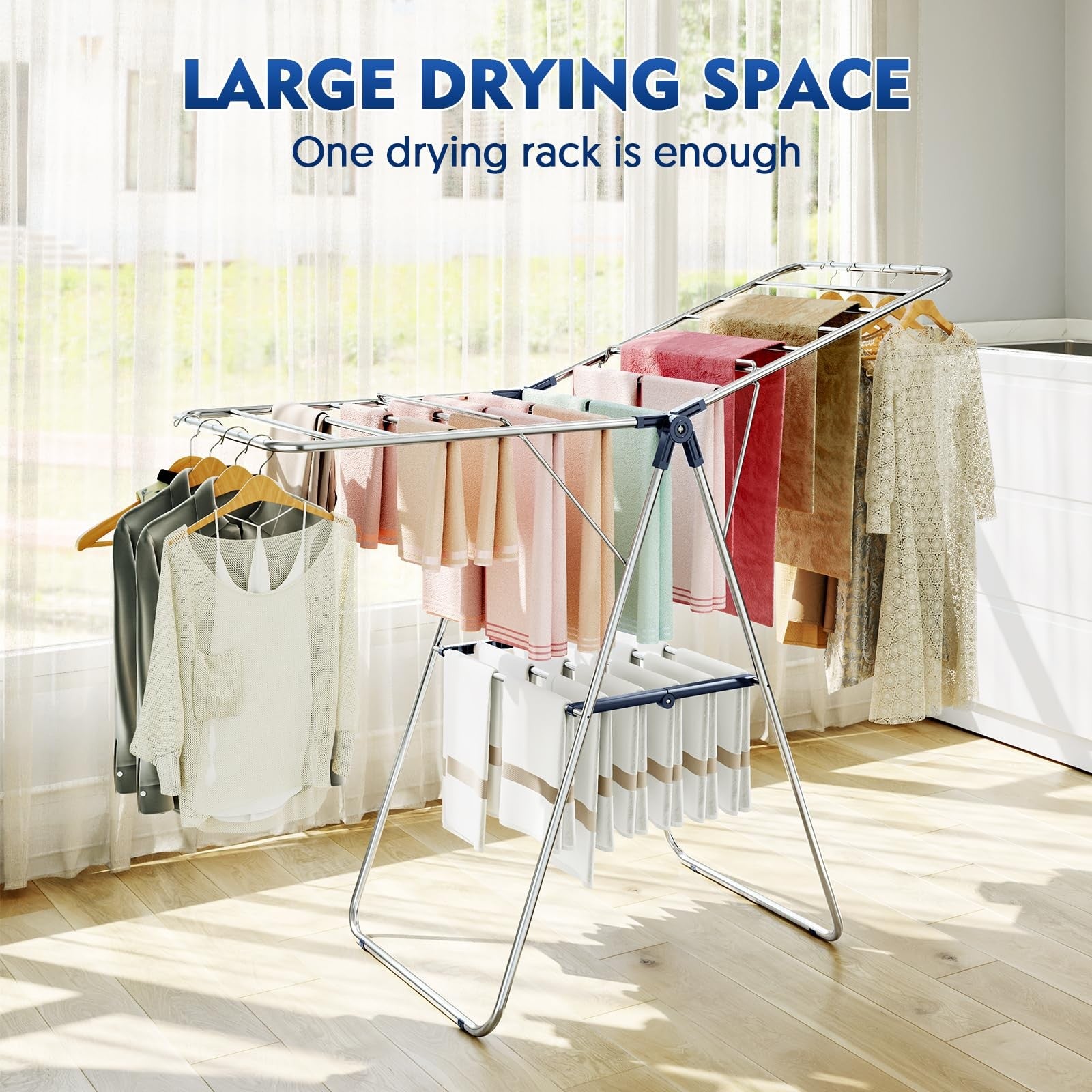 APEXCHASER stainless steel clothes drying rack with adjustable height and multiple bars for hanging laundry.