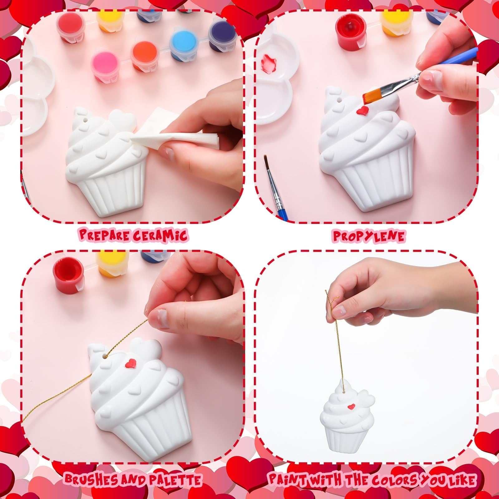 24-piece Valentine's Day ceramic painting kit with brushes, palettes, and acrylic paints for decorating figurines