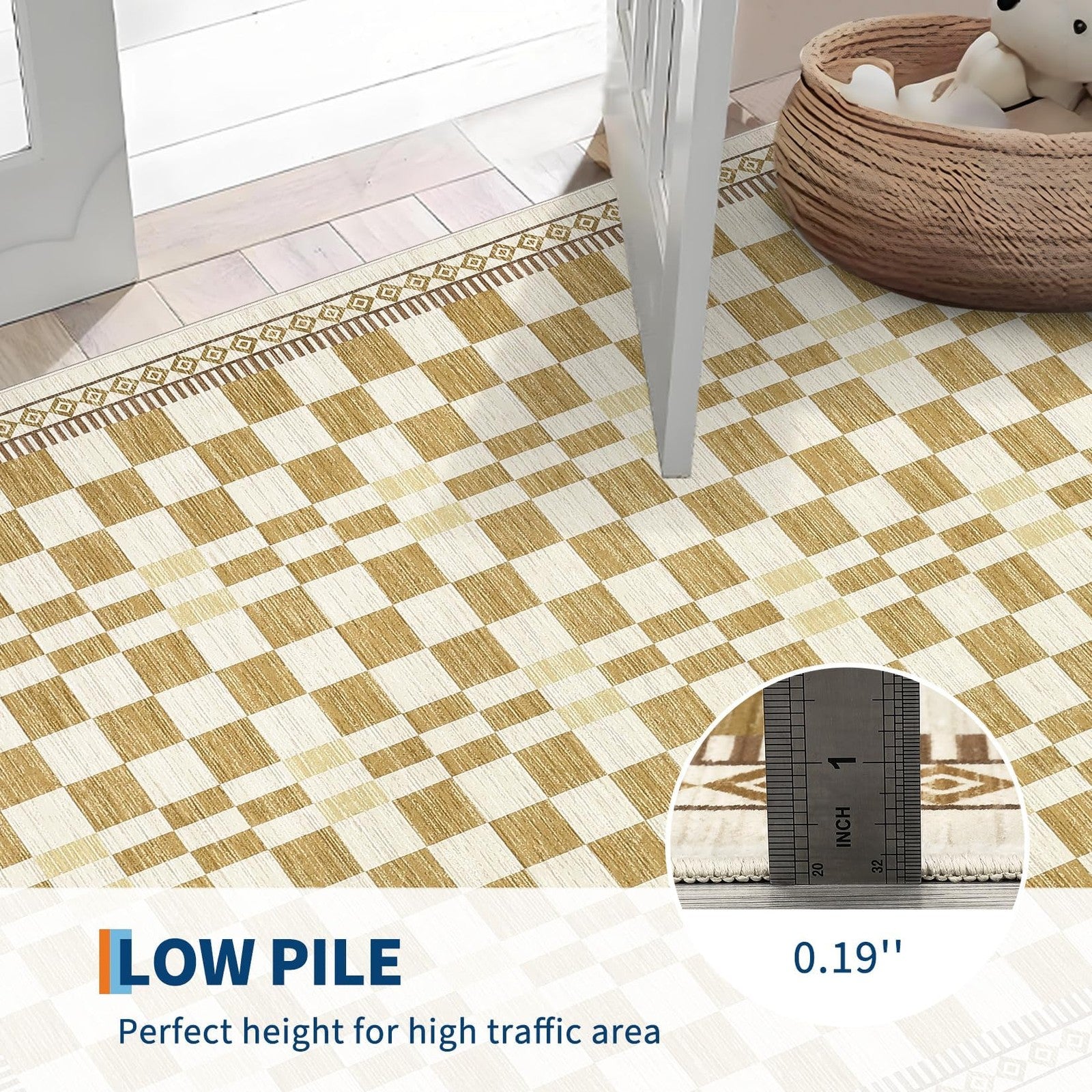 Garvee washable checkered 8x10 area rug in neutral tones, ideal for living room decor with large, soft, and durable design.
