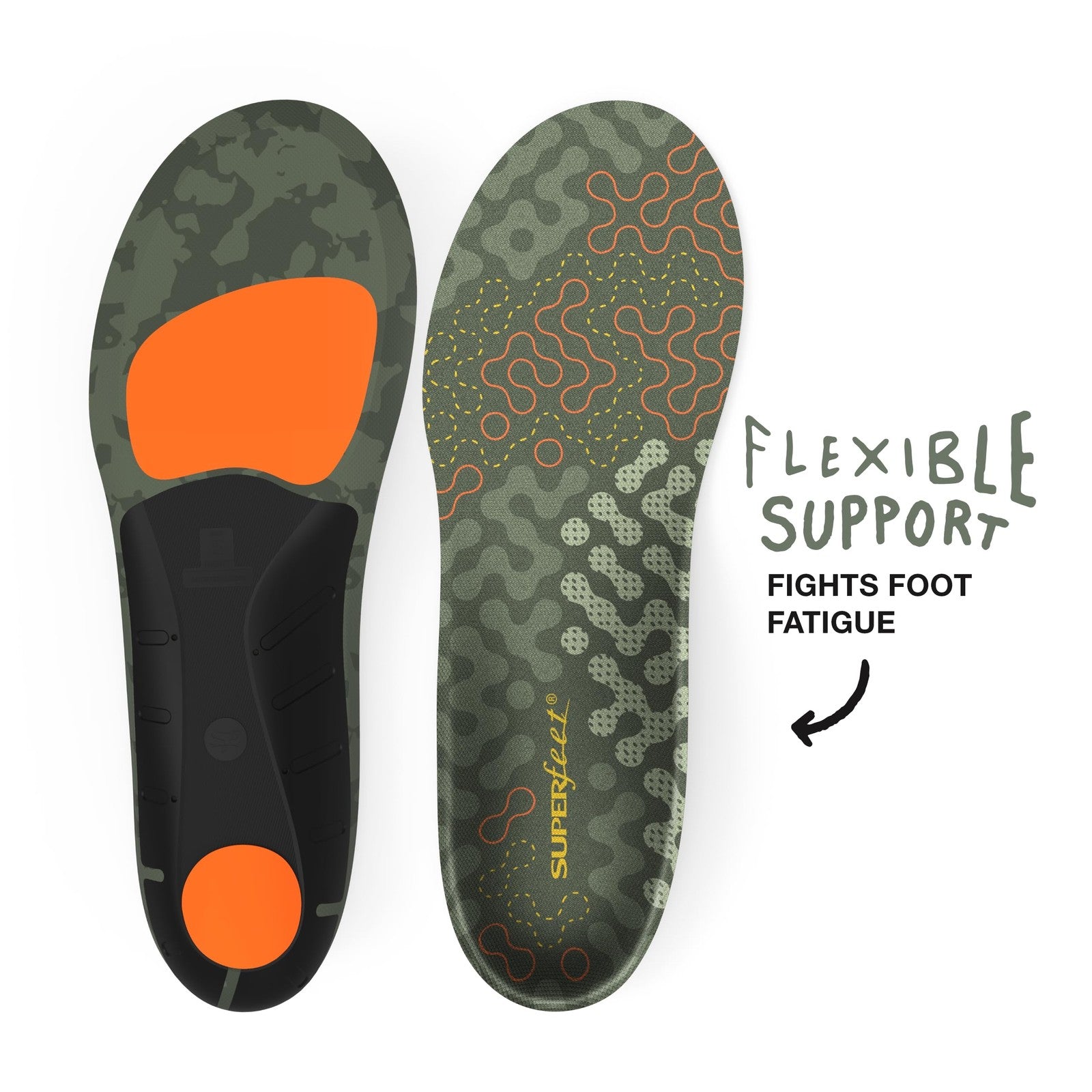 Medium to high arch support Superfeet Hike Cushion insoles designed for hikers, showing the cushioned insole with supportive arch shape.