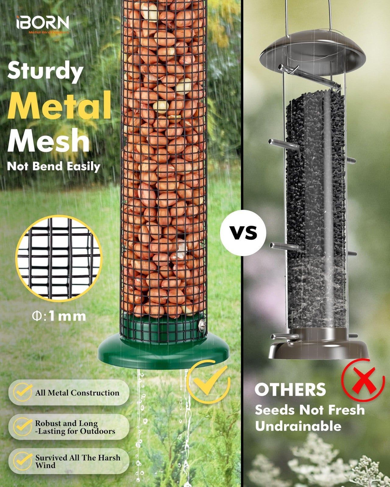 iBorn 14-inch metal mesh bird feeder with peanut and sunflower seed design for outdoor bird feeding.