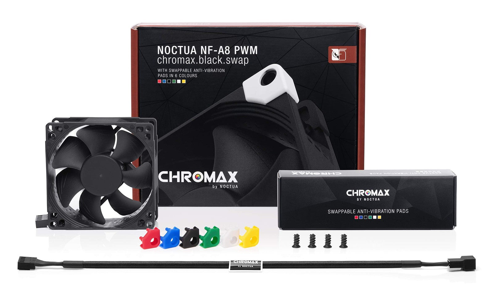 Noctua NF-A8 PWM chromax.Black.swap 80mm quiet black fan with anti-vibration corners and black anti-vibration pads.