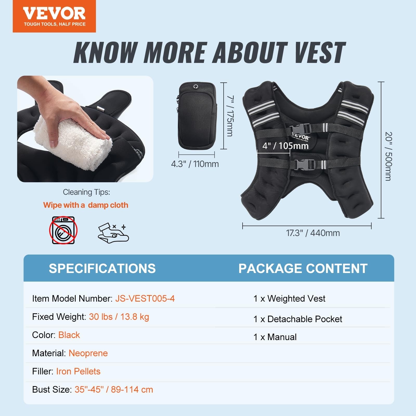 VEVOR 30 lb weighted vest with reflective stripe, adjustable buckle, and padded shoulder straps for fitness and strength training.