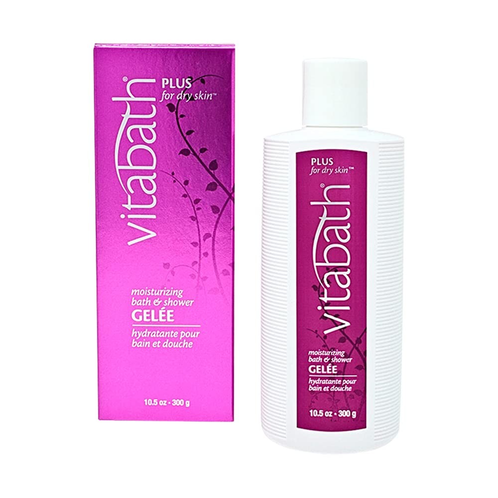 Vitabath Plus dry skin moisturizing bath and shower gel with nourishing, replenishing formula, in a clear bottle with blue label.