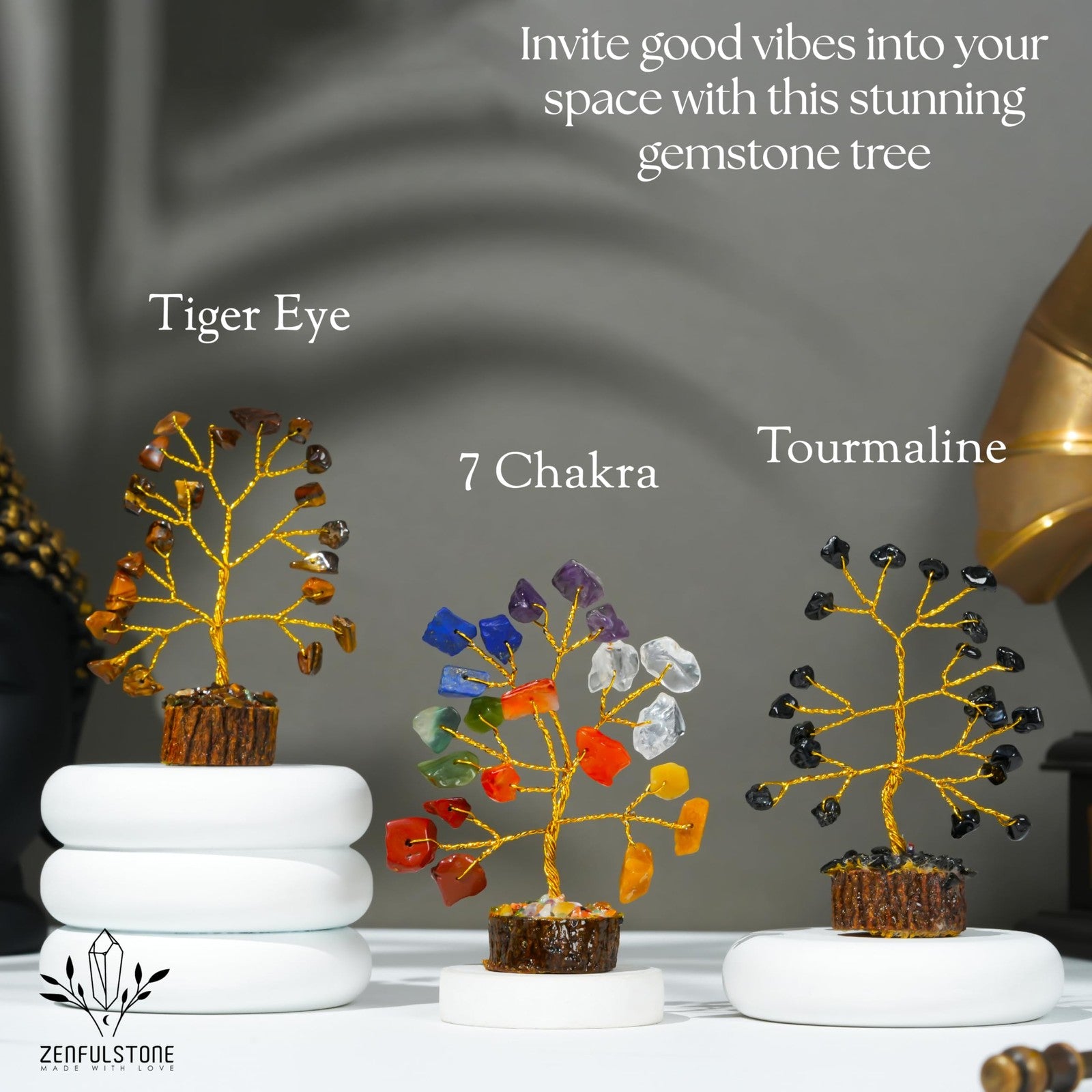 Set of 12 handcrafted Crystal Tree of Life chakra gifts for women by ZENFULSTONE, featuring small crystal trees with intricate details.