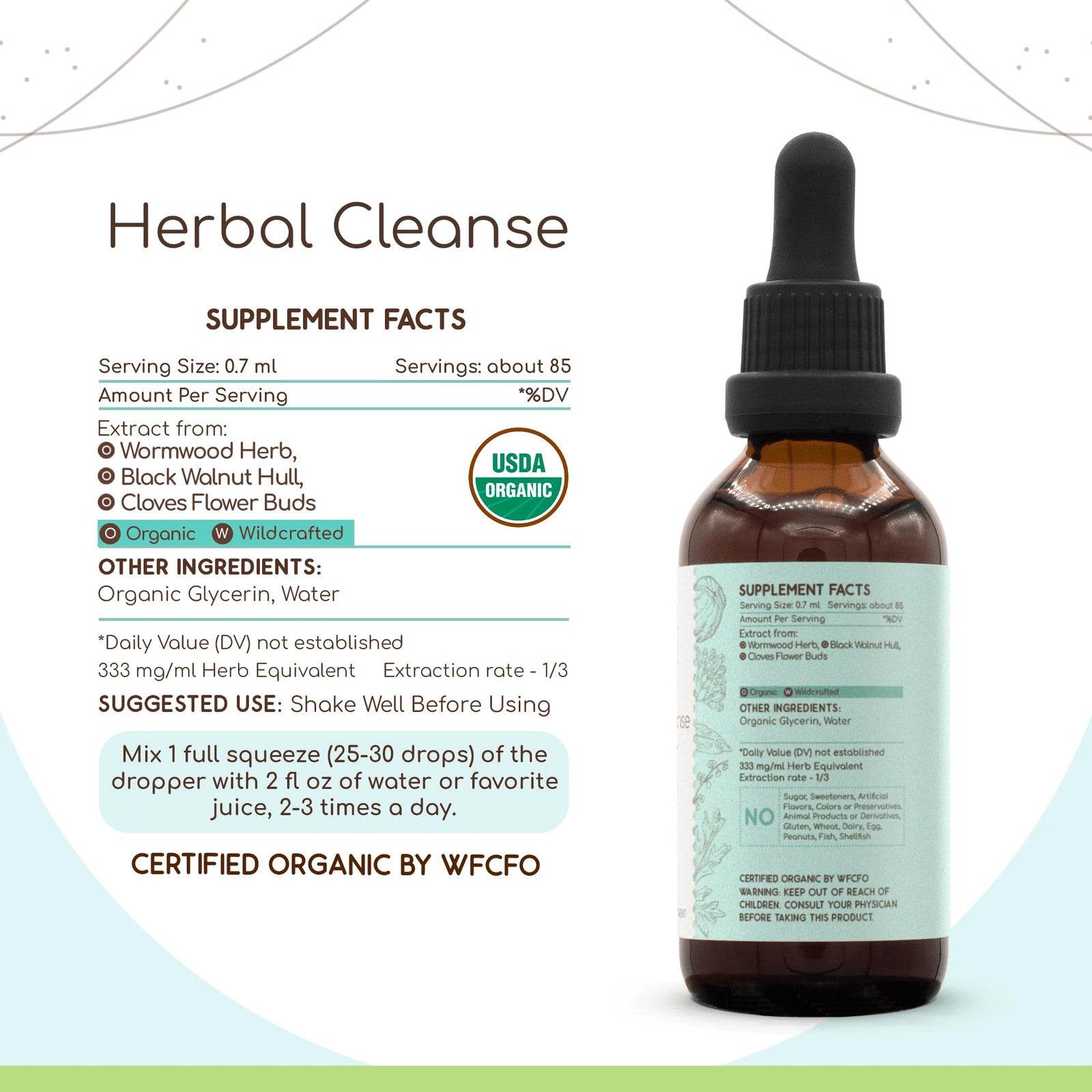 HerbEra Organic Herbal Cleanse tincture with wormwood and black walnut for detox, displayed in a glass bottle with a natural herbal background.
