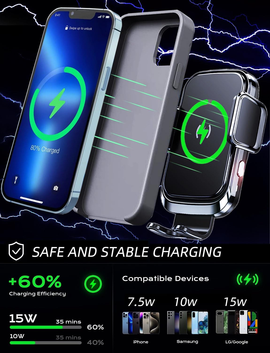 WCKESI wireless car charger truck phone mount with 10-inch long arm and 15W fast charging, holding a smartphone securely.