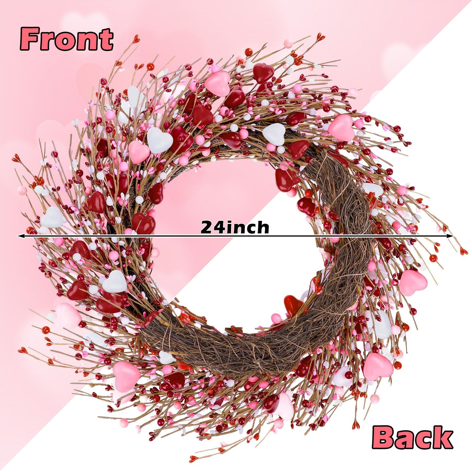 ANVAVO Valentine's Day wreath with red, pink, and white hearts and berries, 24 inches artificial decorative floral arrangement