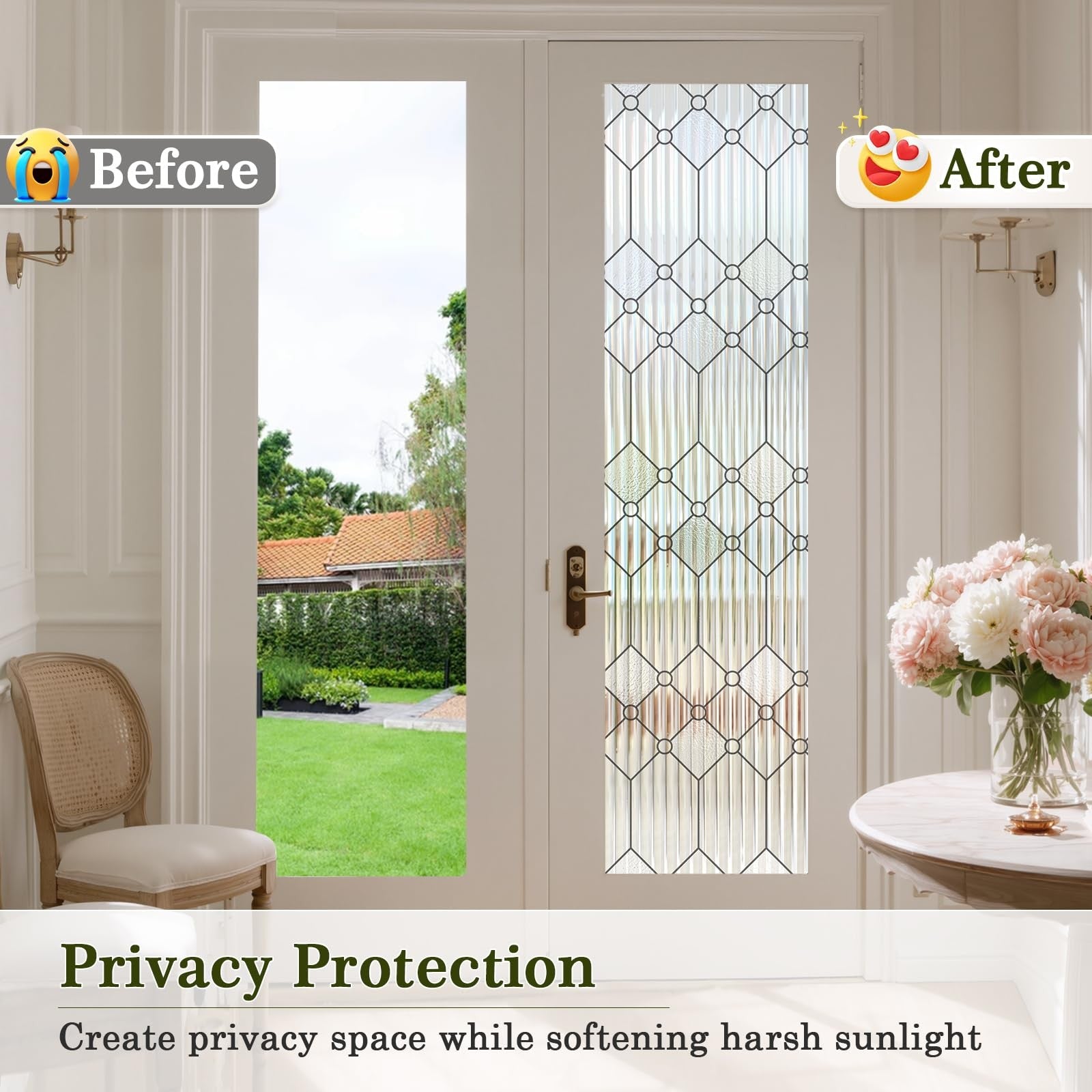 Reeded glass window privacy film by SUNBABY, decorative frosted glass film for bathroom windows, with textured reed pattern.