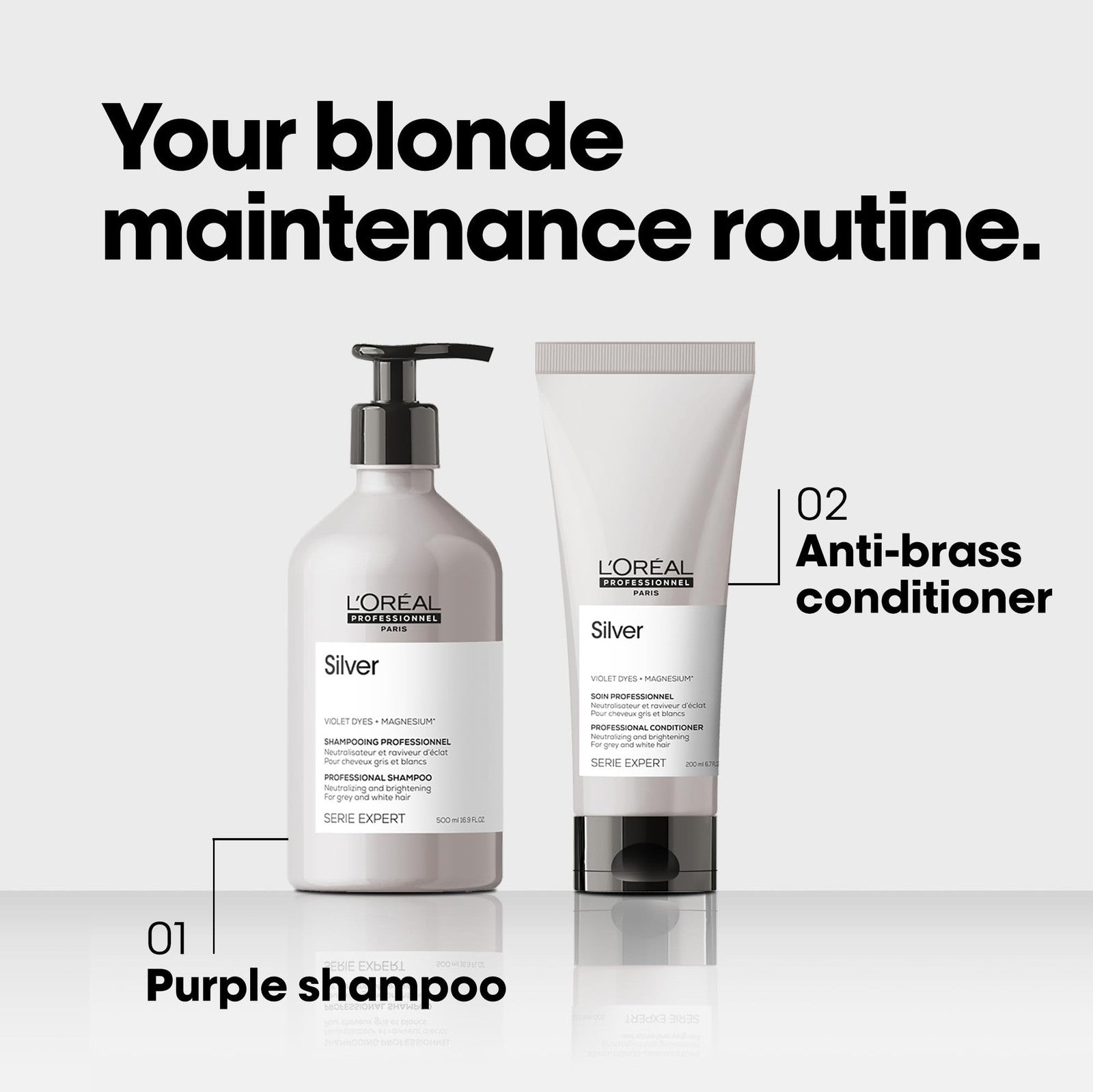 L'Oréal Professionnel Paris Color Depositing Purple Shampoo bottle with purple liquid inside, designed to neutralize yellow tones in hair.