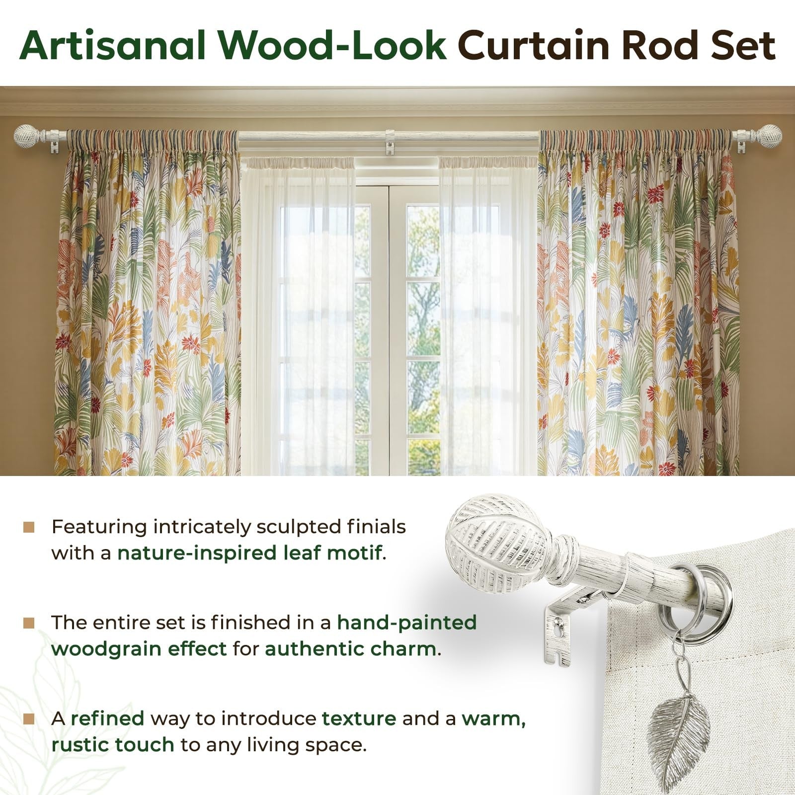 Zeerobee 1-inch wood curtain rod with brackets, extending 32-48 inches, for heavy-duty drapery in window treatments