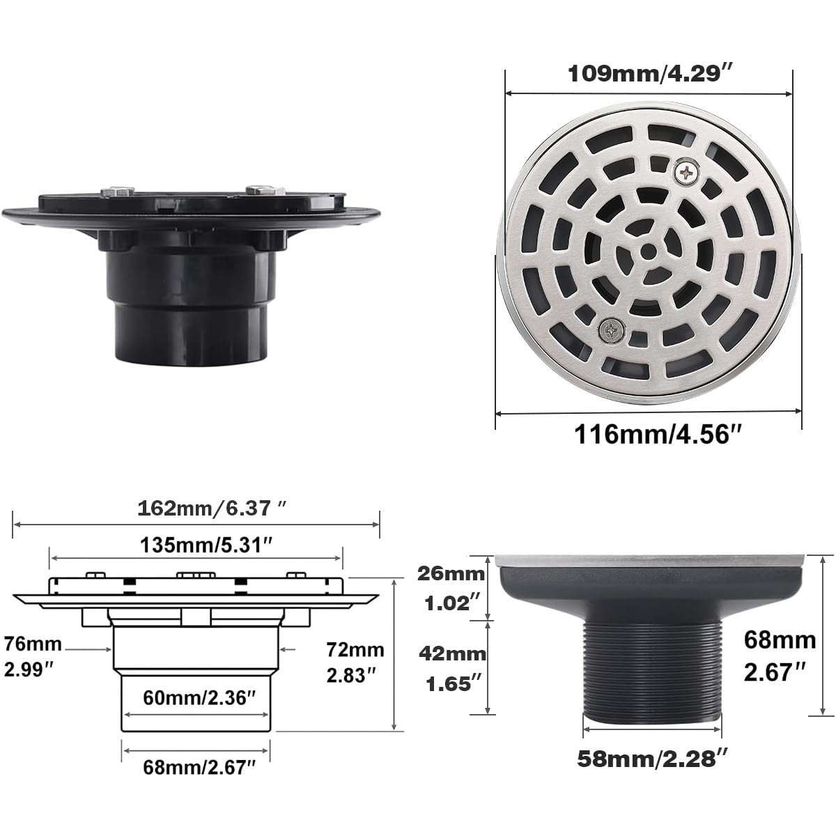 Random round 4-inch shower drain with brushed nickel finish and adjustable PVC components, suitable for modern bathroom installations.