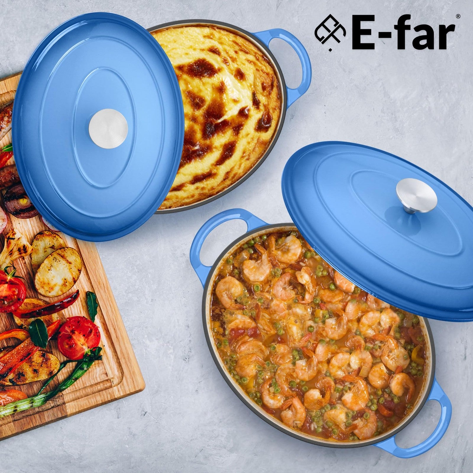 E-far 5QT oval enameled cast iron Dutch oven with lid, durable cookware for baking, roasting, and slow cooking.