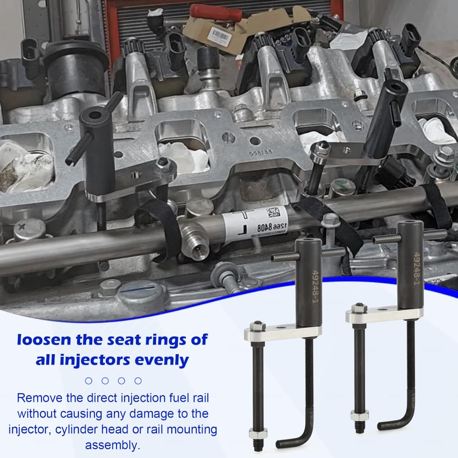 ZKTOOL GM245 fuel injector rail assembly remover tool with seals installation in engine component, showing metal tool and seals.