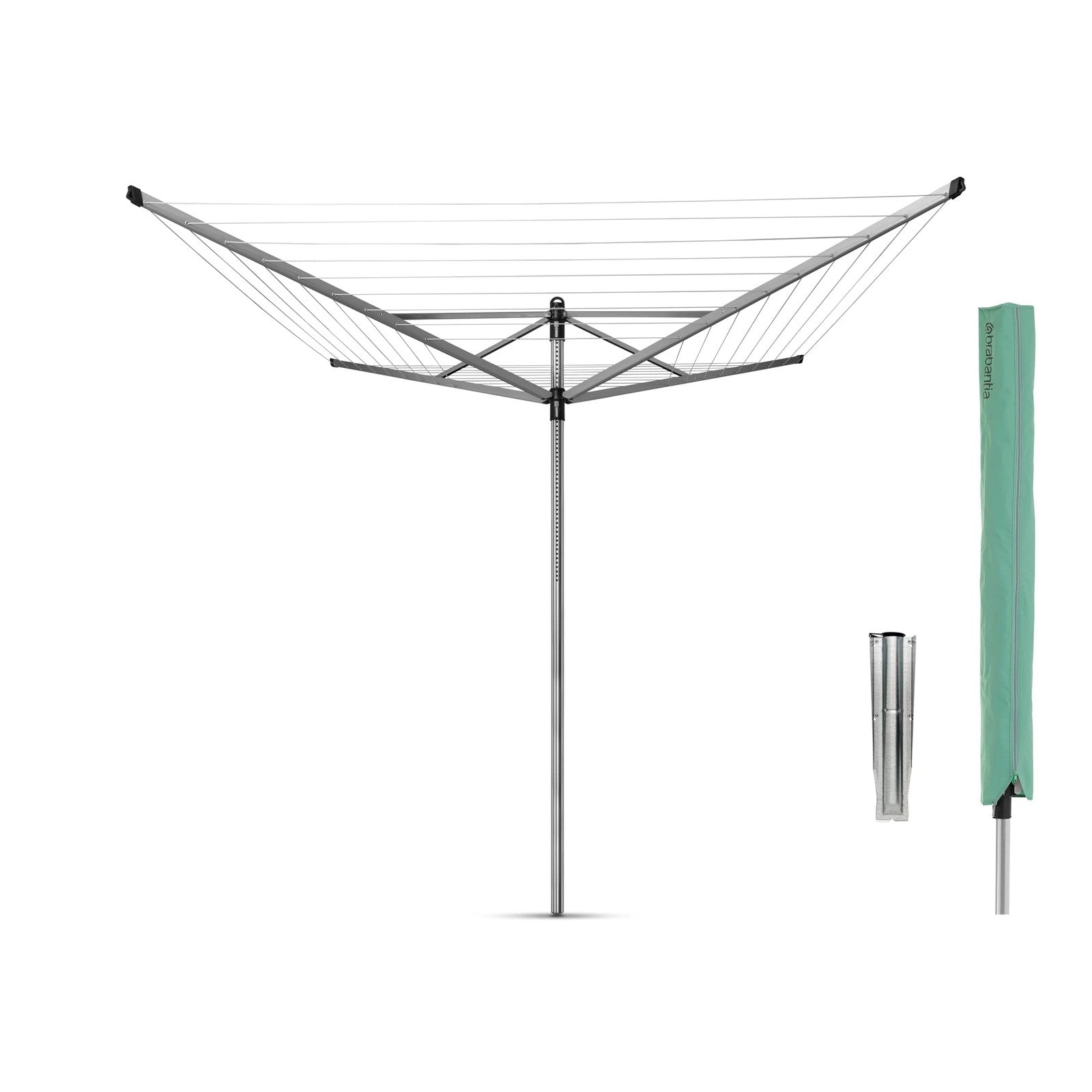Brabantia Lift-O-Matic outdoor 4-arm clothesline with 197ft drying length, height adjustable, folding design, in outdoor garden setting