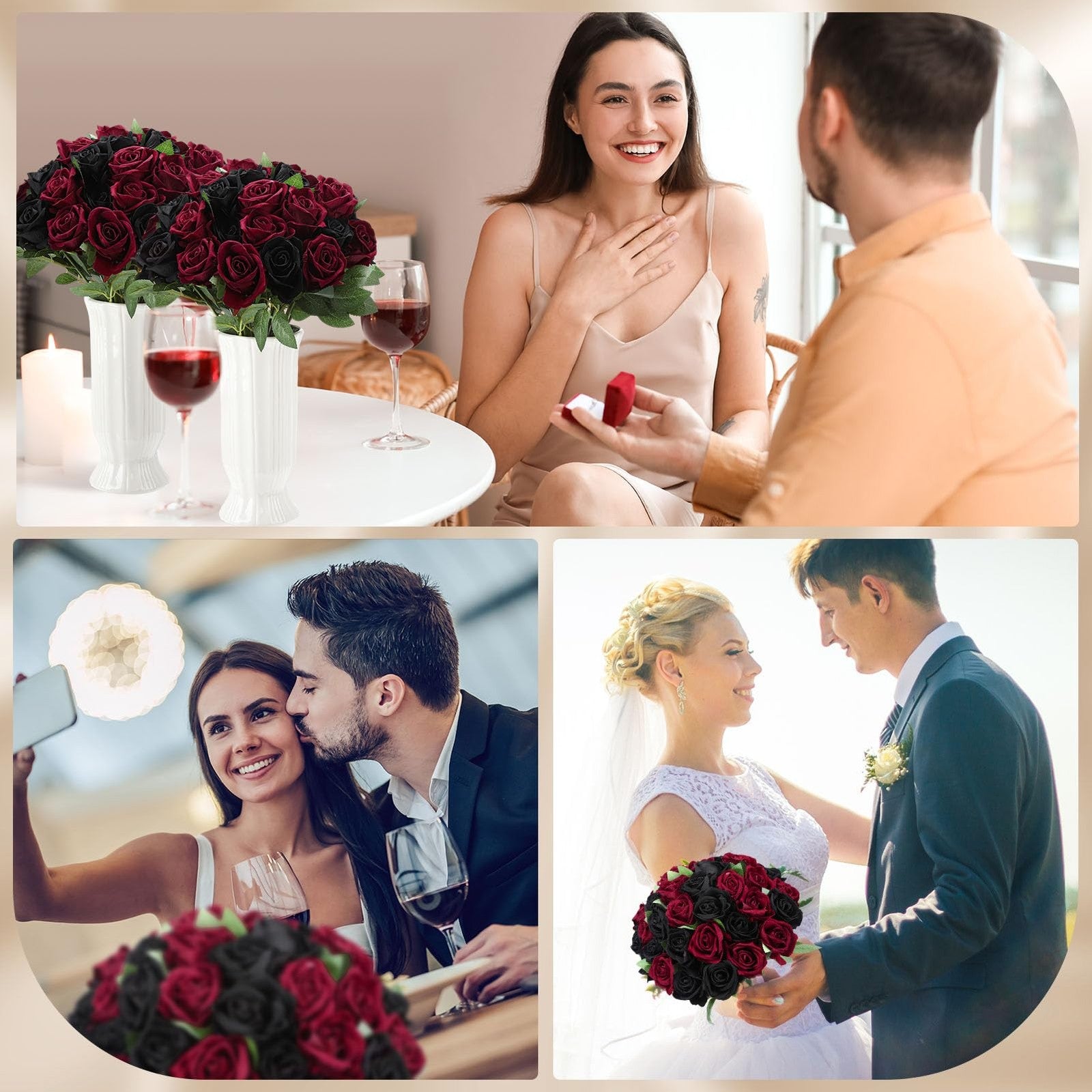 Ovveroche 80-piece set of silk artificial roses in black and red, realistic floral display for decoration or craft projects.