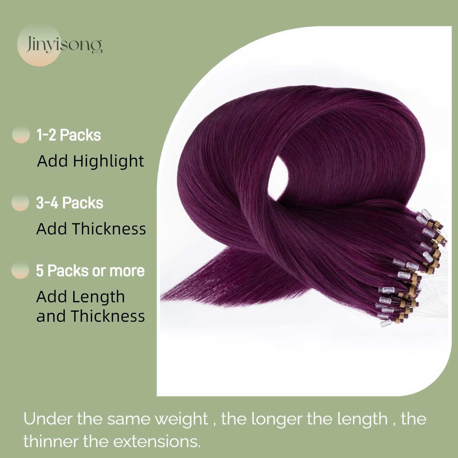 Jinyisong purple micro hair extensions with human hair, highlighting microlink application on straight hair.