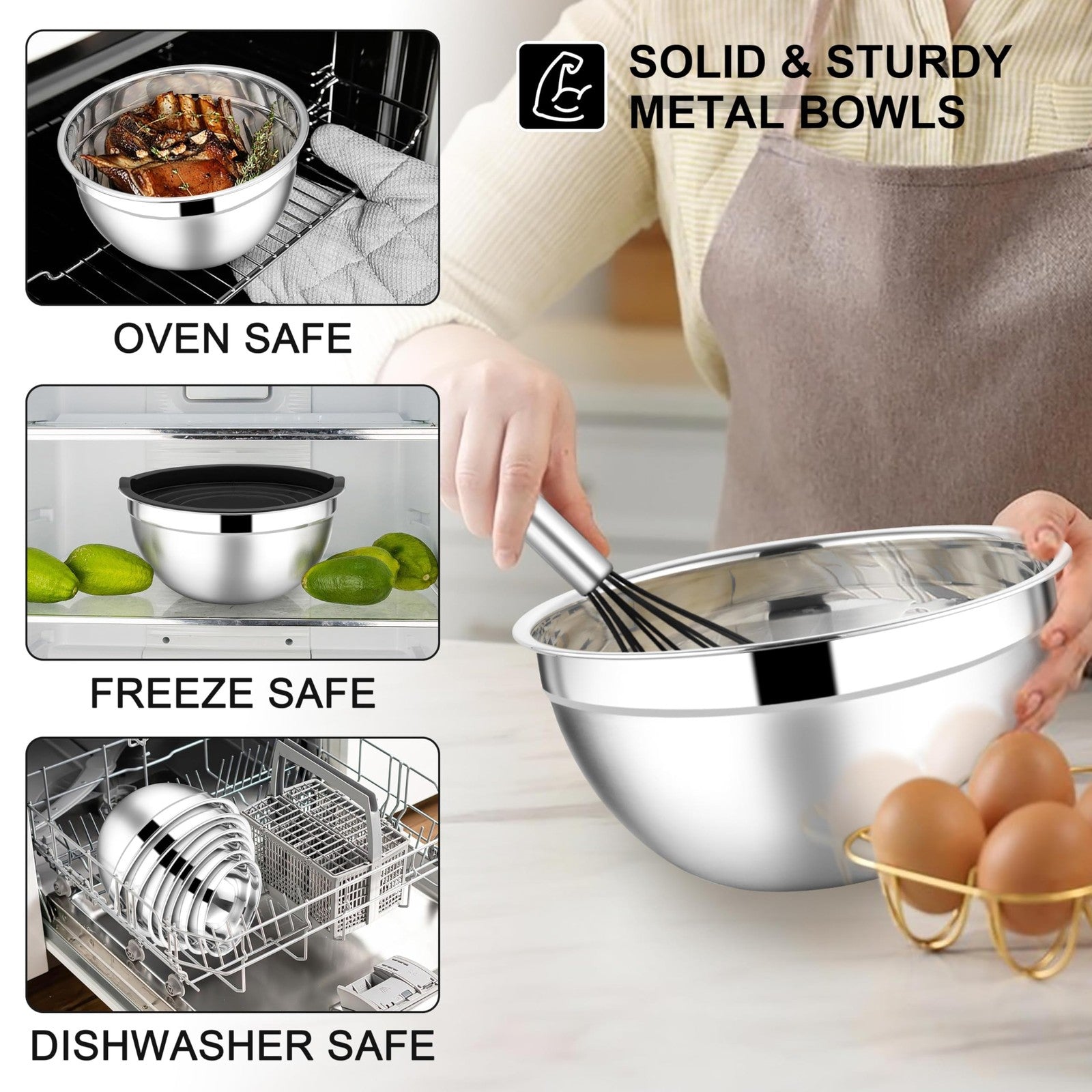 Set of 21 stainless steel mixing bowls with lids by E-far, ideal for salad preparation and kitchen food storage.