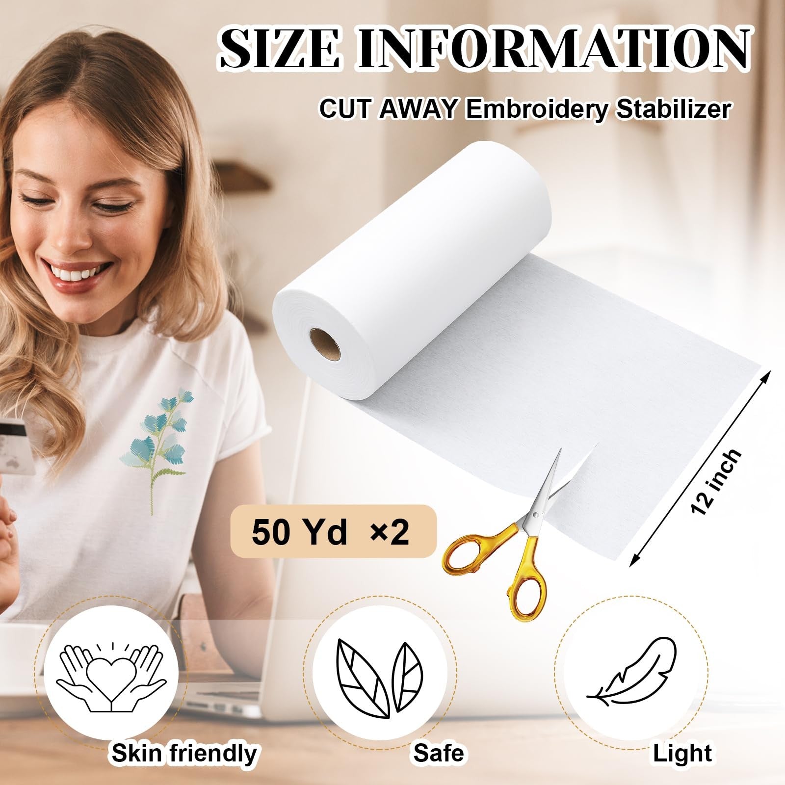 Geosar medium weight embroidery stabilizer backings, 12x50 yard rolls, showing fabric support material for sewing projects.