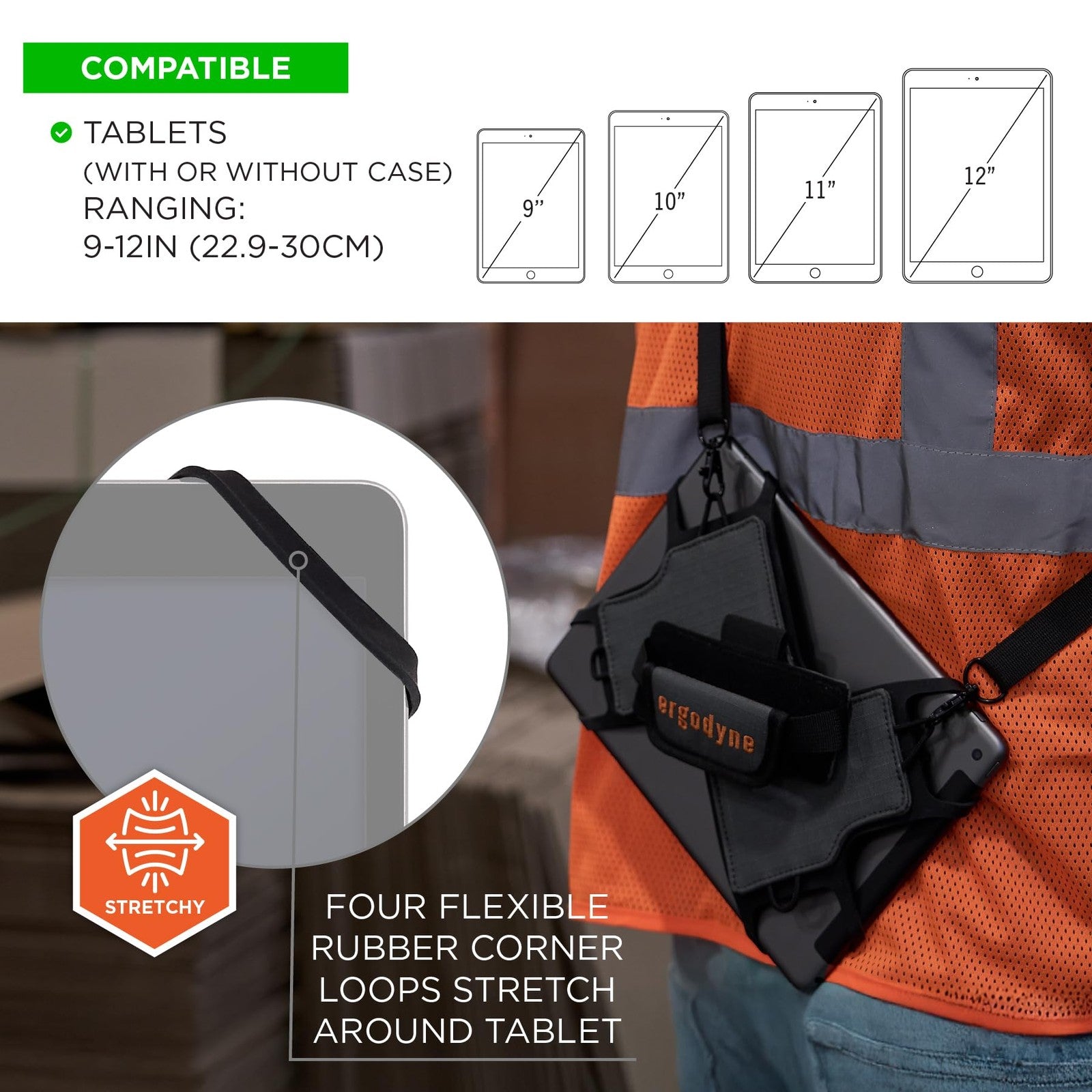 Ergodyne Squids 5549 tablet holder with detachable shoulder strap, showing a black portable mobile device case on a neutral background.