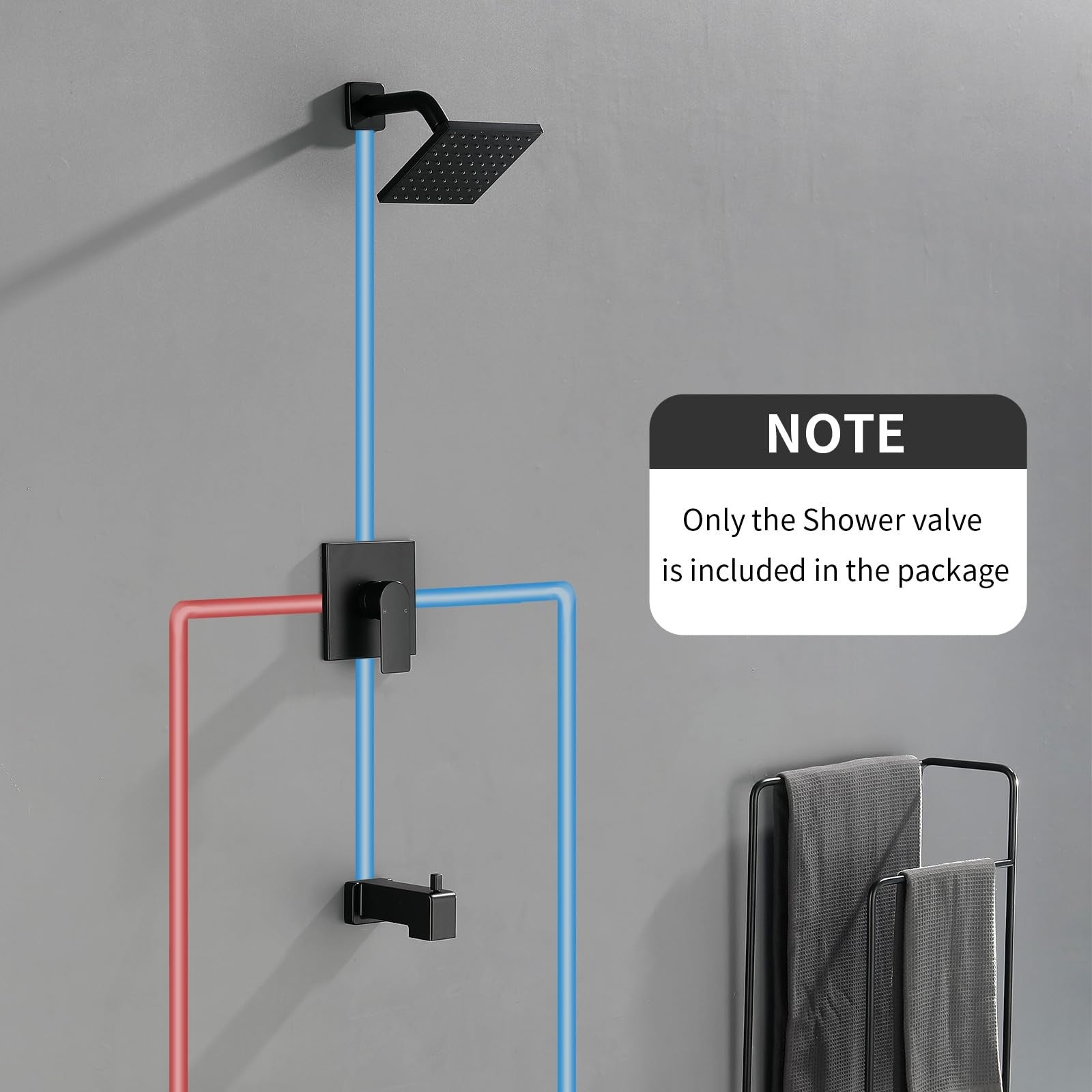 VIKASI matte black single-handle shower valve kit with trim for bathroom shower faucet system, visible handle and trim details