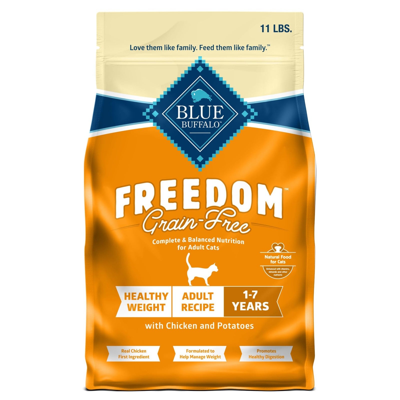 Blue Buffalo Freedom Grain-Free Adult Weight Control dry cat food bag showing the product packaging and branding.