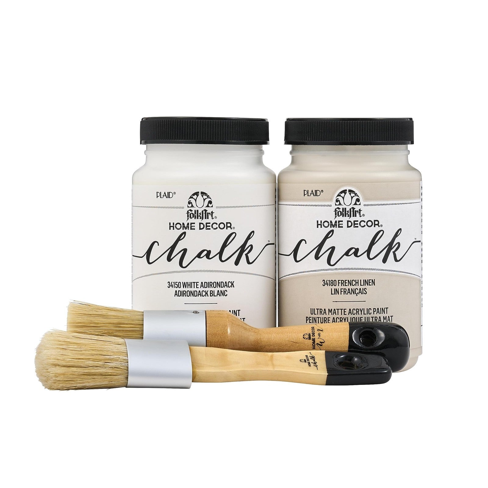 FolkArt Home Décor Chalk paint kit with 8 fl oz white and tan ultra matte acrylic paints, includes two bottles.
