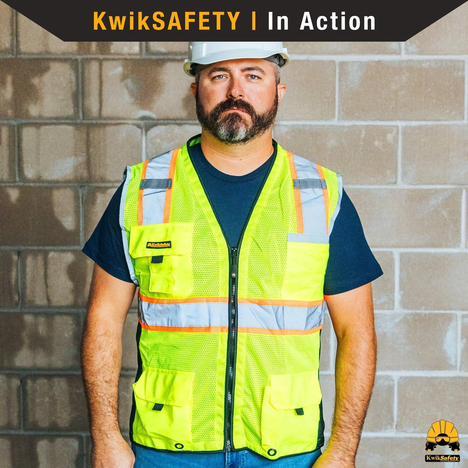 Two high-visibility Big Kahuna safety vests in bright yellow with reflective stripes, designed for safety and visibility.