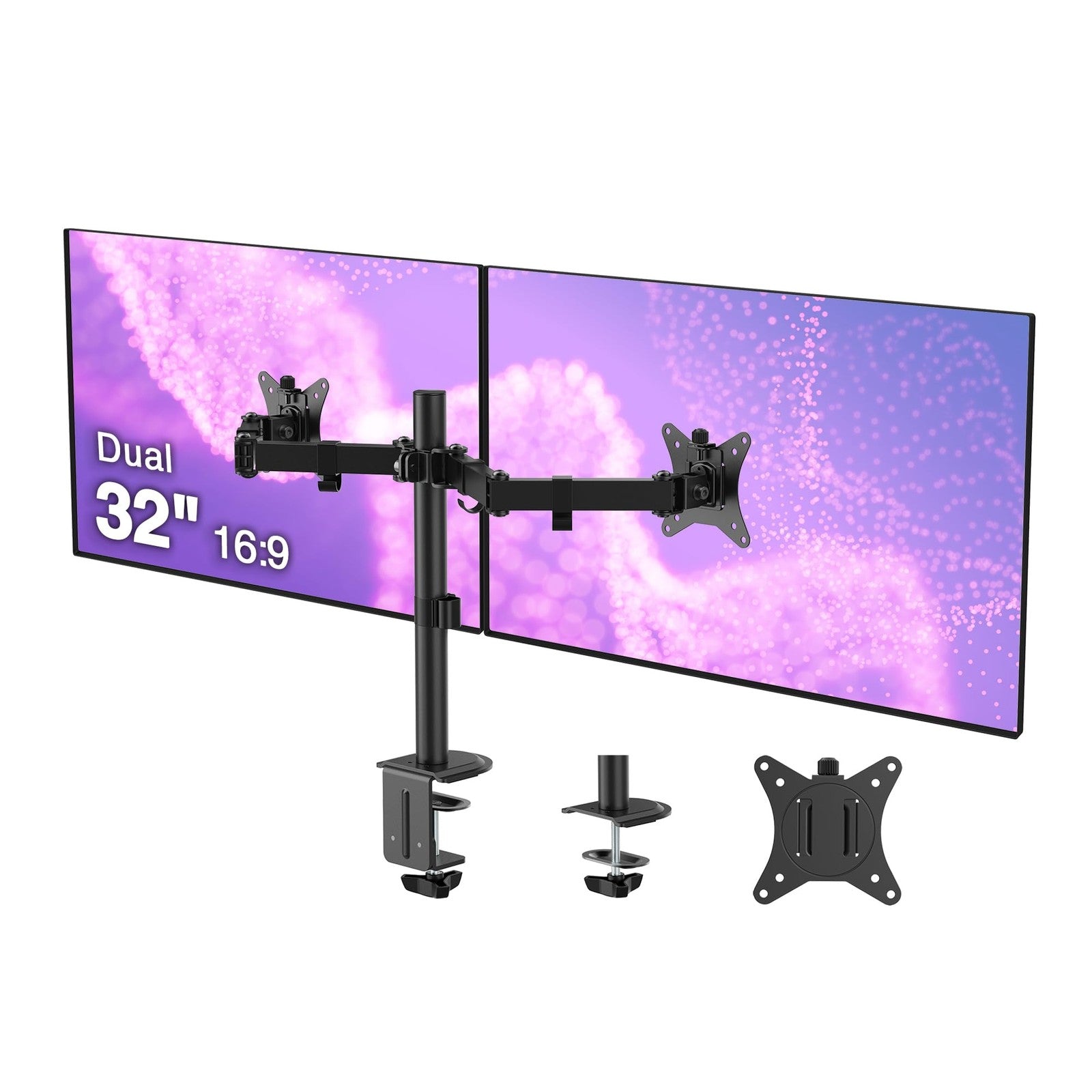 SIIG dual 32-inch articulating monitor arm in black holding two VESA screens, adjustable for ergonomic positioning