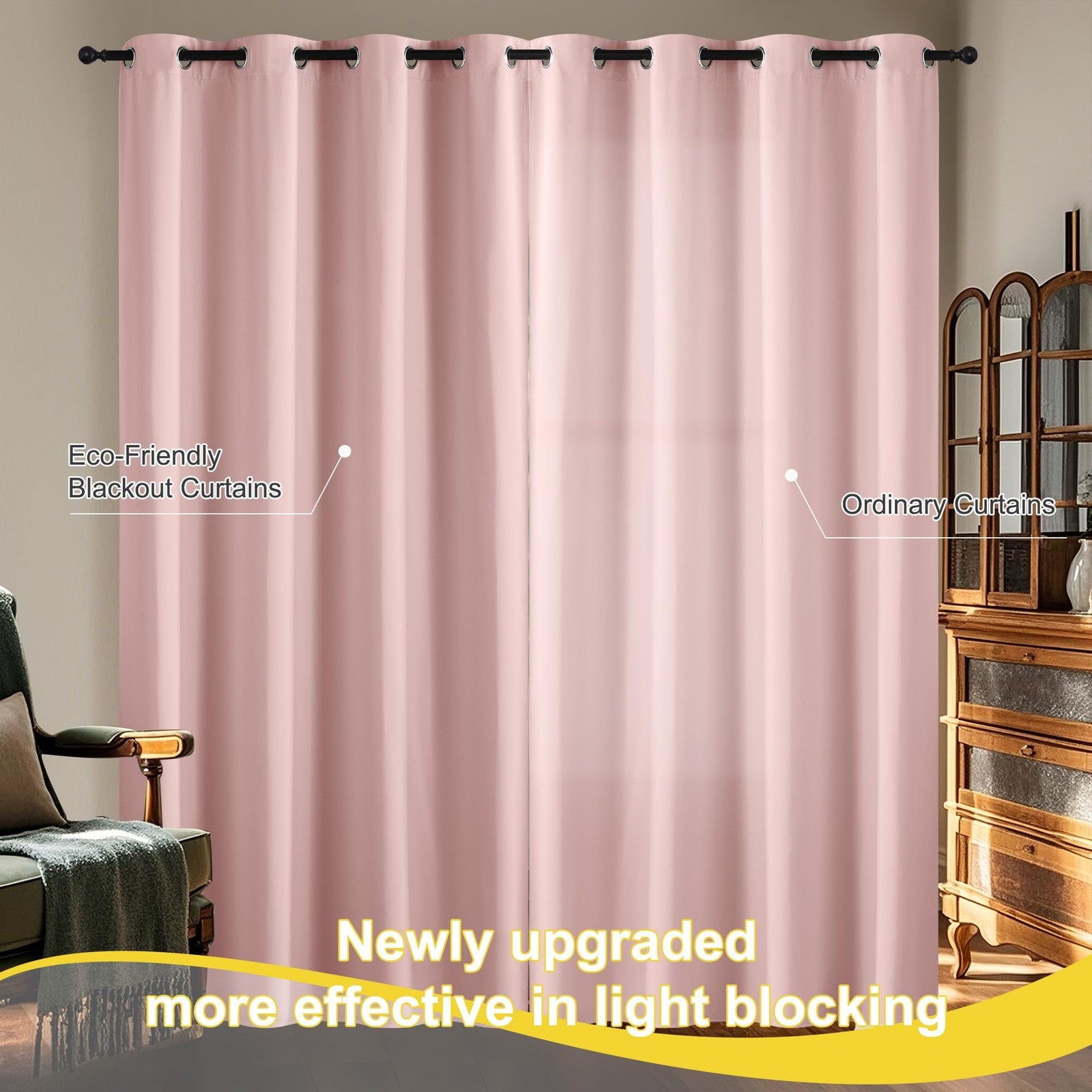 NICETOWN blackout curtains for kids' bedroom, 84-inch length, black fabric providing privacy and darkening for girls' bedrooms.