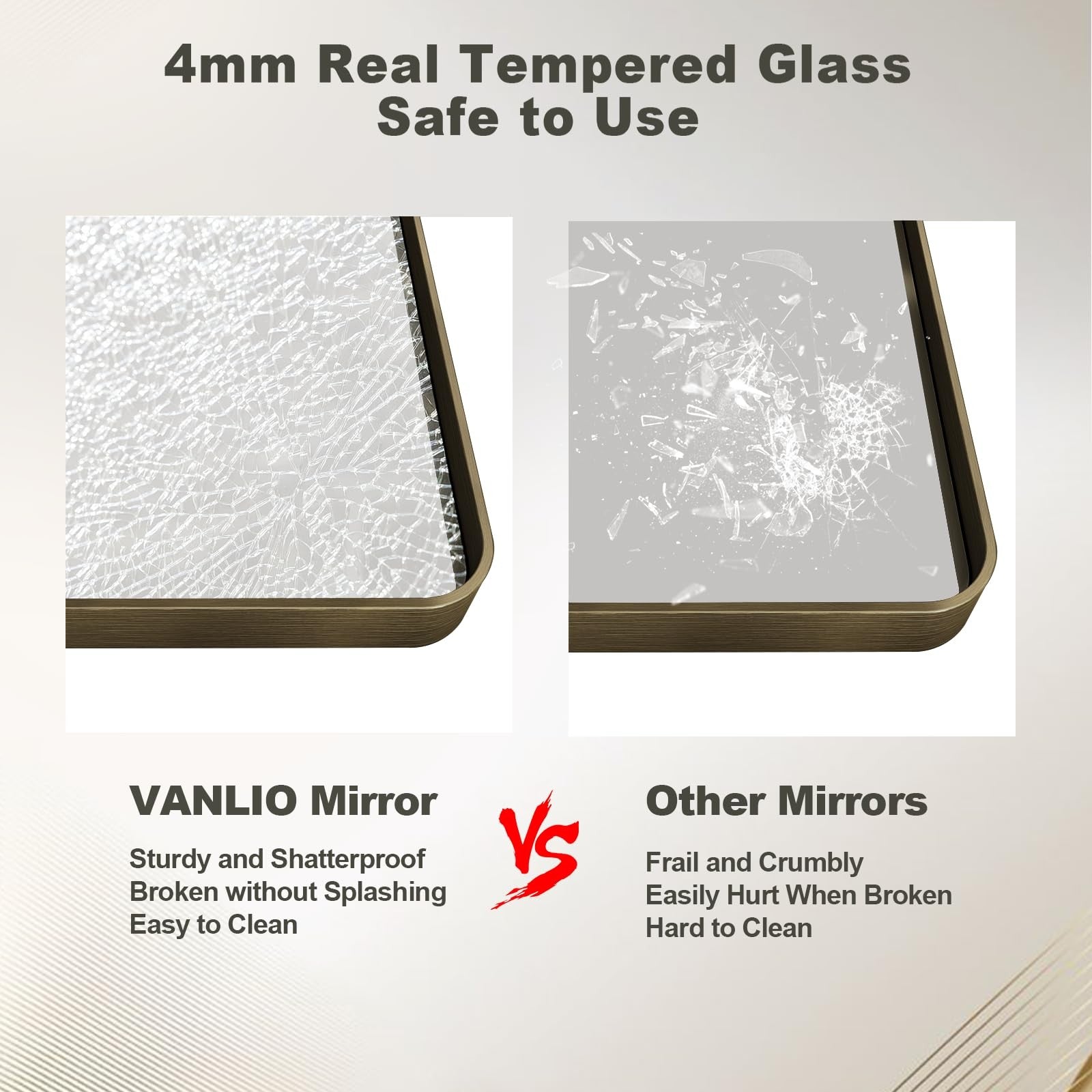 VANLIO 20x30 inch bronze framed bathroom mirror with rectangular brushed bronze metal frame, hanging on a wall.
