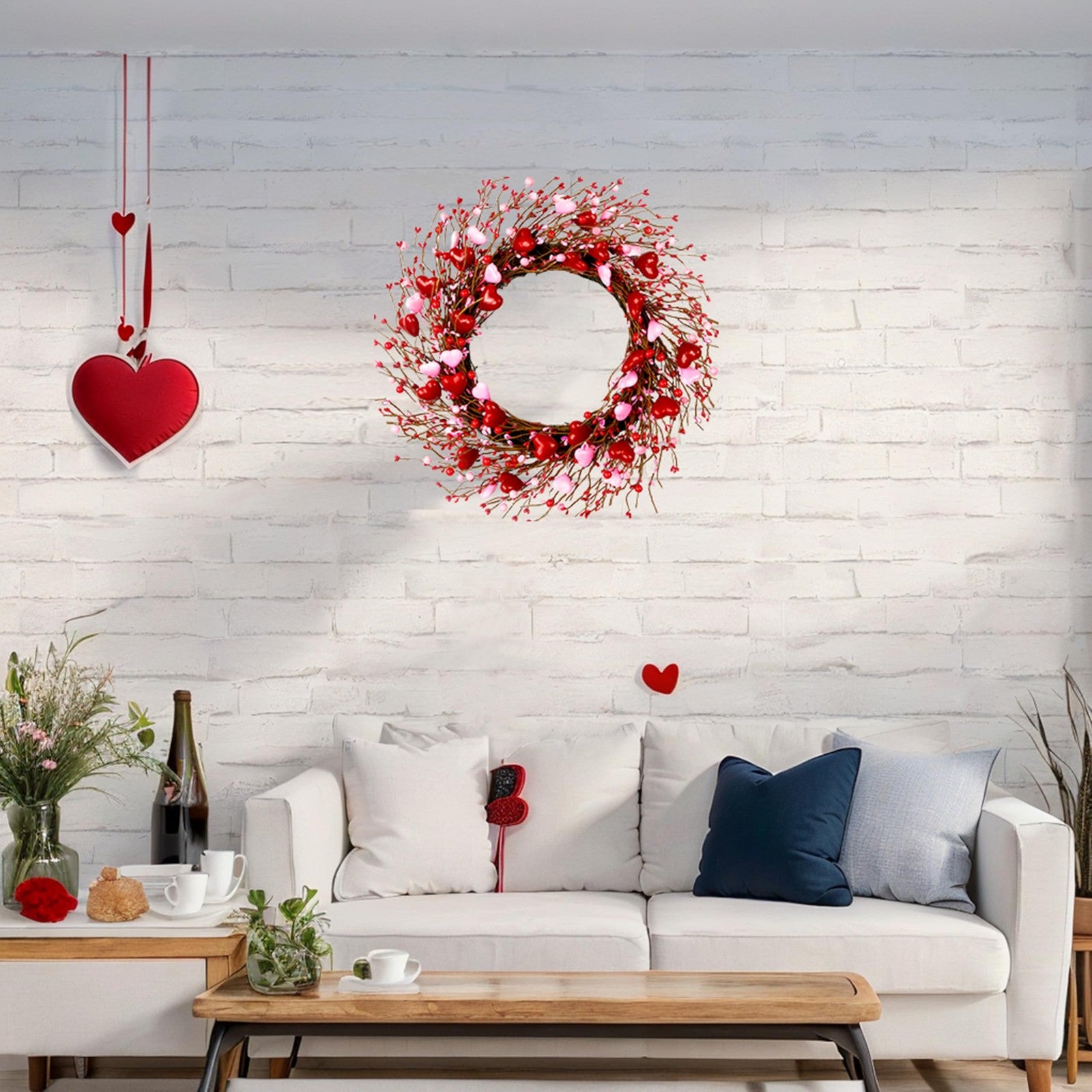WSTPUPU Valentine's Day wreath, 20 inches with red and pink accents, perfect for front door decoration for Valentine's Day.